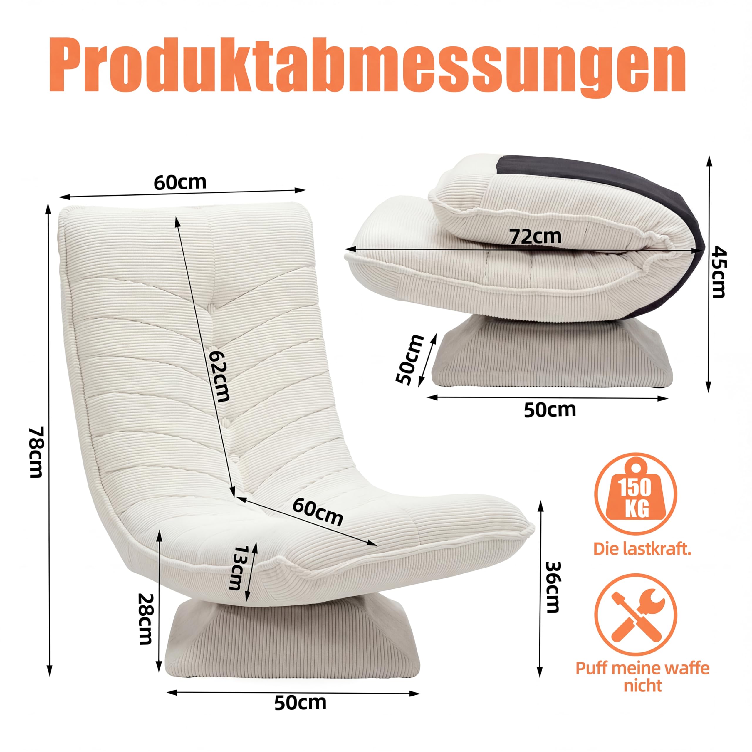 Poltrona da soggiorno con schienale regolabile, girevole a 360° | Senza montaggio, velluto a coste, cuscino da 13 cm, schienale regolabile, portata 150 kg, pieghevole salvaspazio, beige