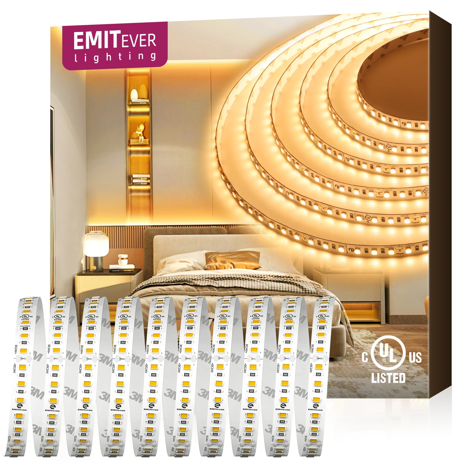 EMITEVER - Tira de luces LED de 2700 K, UL 24 V, cinta LED de luz blanca cálida, Ra 95+, IP30, 32.9 pies, 240 lúmenes/pies, 1200 LEDS/carrete, certificación UL (fuente de alimentación se vende por