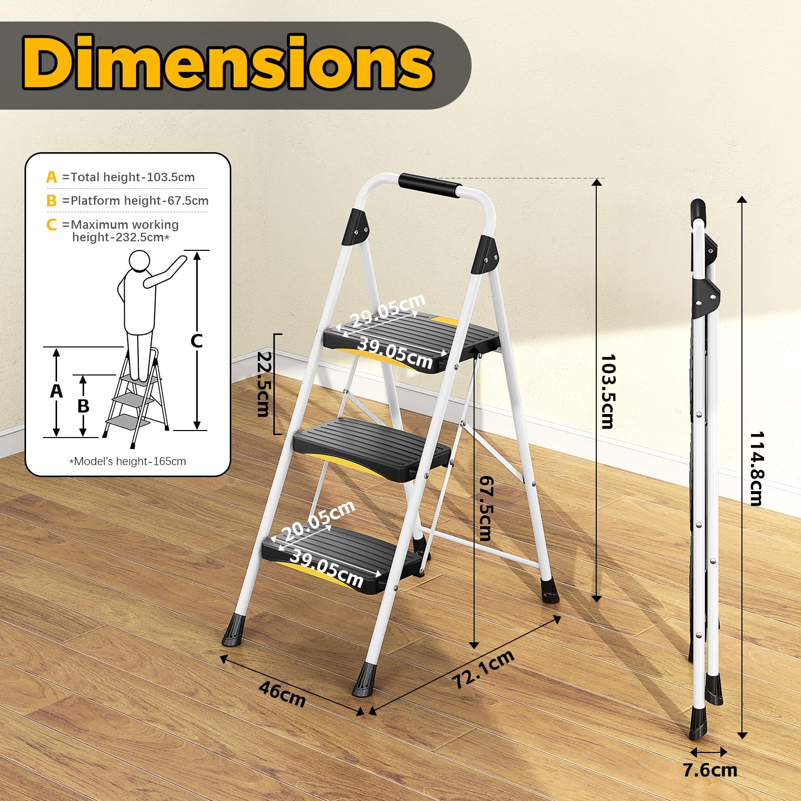 Urackify Scaletta 3 Gradini Pieghevole, portata 150 kg, sgabello pieghevole per Casa Ampia Pedata Antiscivolo & Maniglia Sicura Design Compatto, scala Pieghevole ideale per uso domestico e lavorativo