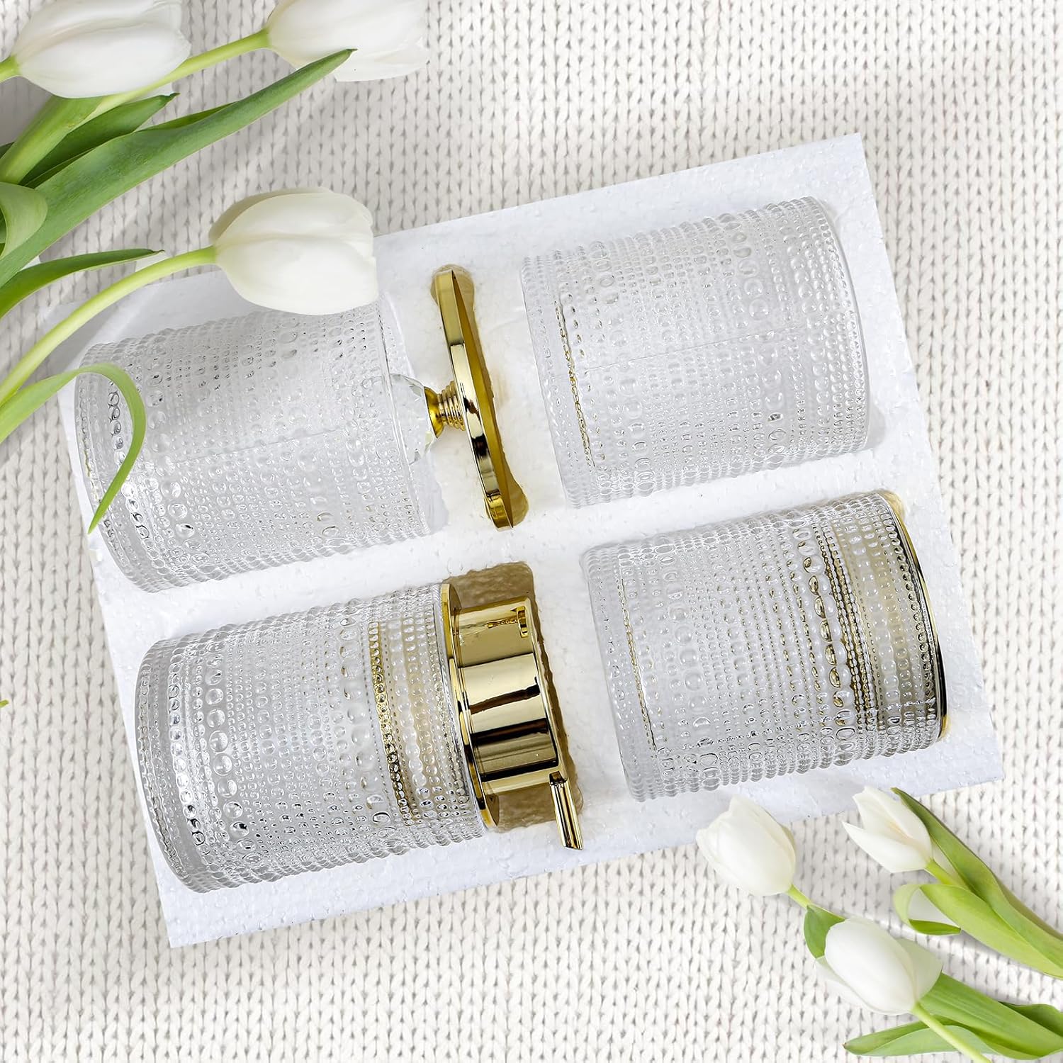 DASITON Bathroom Accessories Set,4Pcs Glass Bathroom Counter Set with Foaming Soap Dispenser,Toothbrush Holder,Bathroom Tumbler,Cotton Swab Jars, for Vanity Bathroom Decor(Clear A)