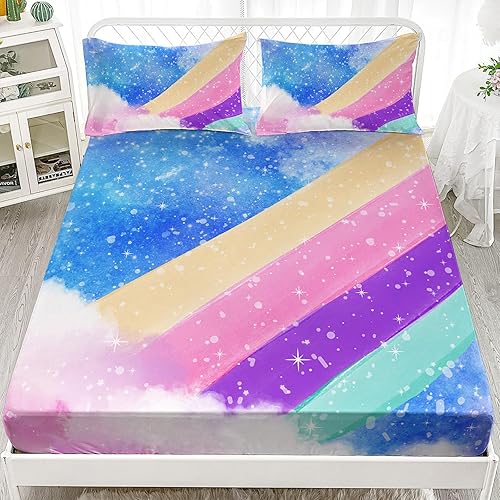 Miniatura 2 de Sábanas y fundas de almohada de microfibra suave arcoíris, sábana bajera ajustable con bolsillos profundos, sábana bajera ajustable para decoración