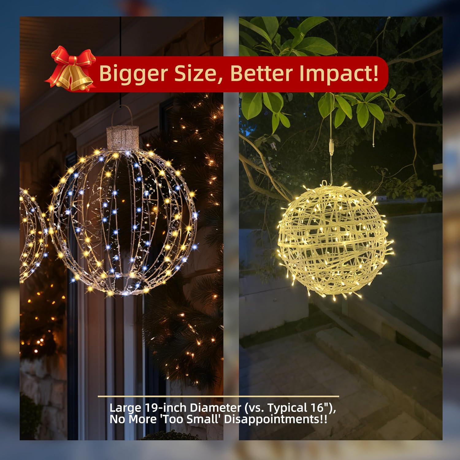 3-Piece Large Lighted Balls Outdoor Christmas Decorations Light Balls Outdoor Hanging Christmas Twinkle Ornaments Set Hanging Decor Ball Light Decorations for Yard Holiday Tree Lights Patio