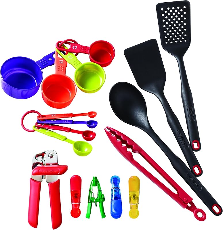 Juego de utensilios y utensilios de cocina de 17 piezas - Juego de utensilios de cocina esenciales con espátula, cuchara ranurada, abrelatas, tazas medidoras y cucharas - Apto para lavavajillas, antiadherente - Negro