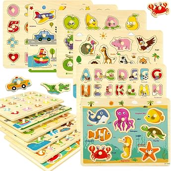 H lzerne Steckpuzzle f r Kleinkinder 2-4 6 Pack p dagogische Peg Puzzles Montessori Spielzeug Lernen Puzzles f r Kinder M dchen Jungen 3-5 mit Alphabet Zahl Tier Fahrzeug Form
