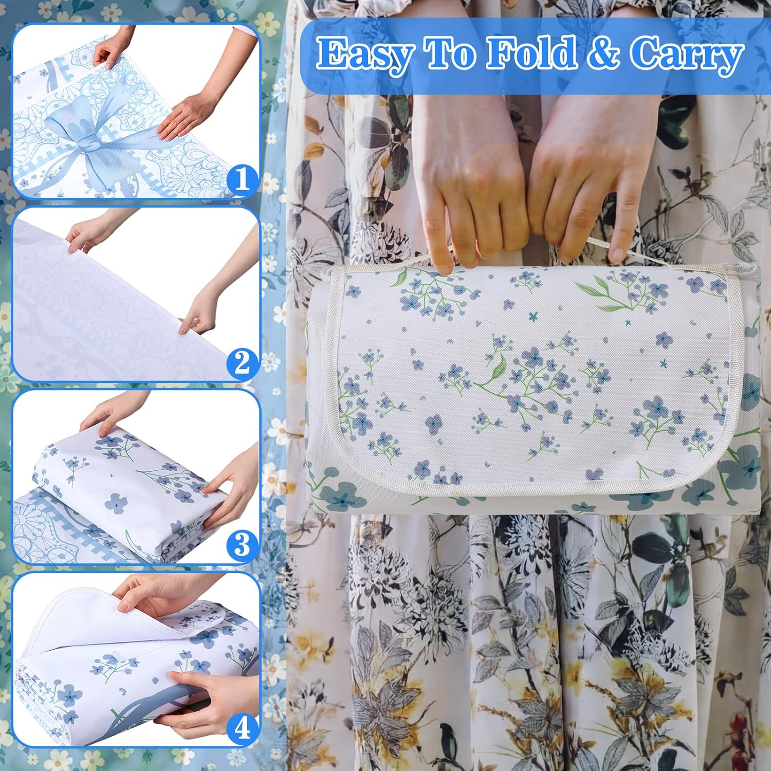 Qinyoung Floral Extra Large Picnic Blanket 79''x79'' Blue Waterproof Foldable Blankets Sandproof Picnic Mat for Beach Spring Camping Grass Lawn Park Cute Couple Gifts Ideas Wedding Registry