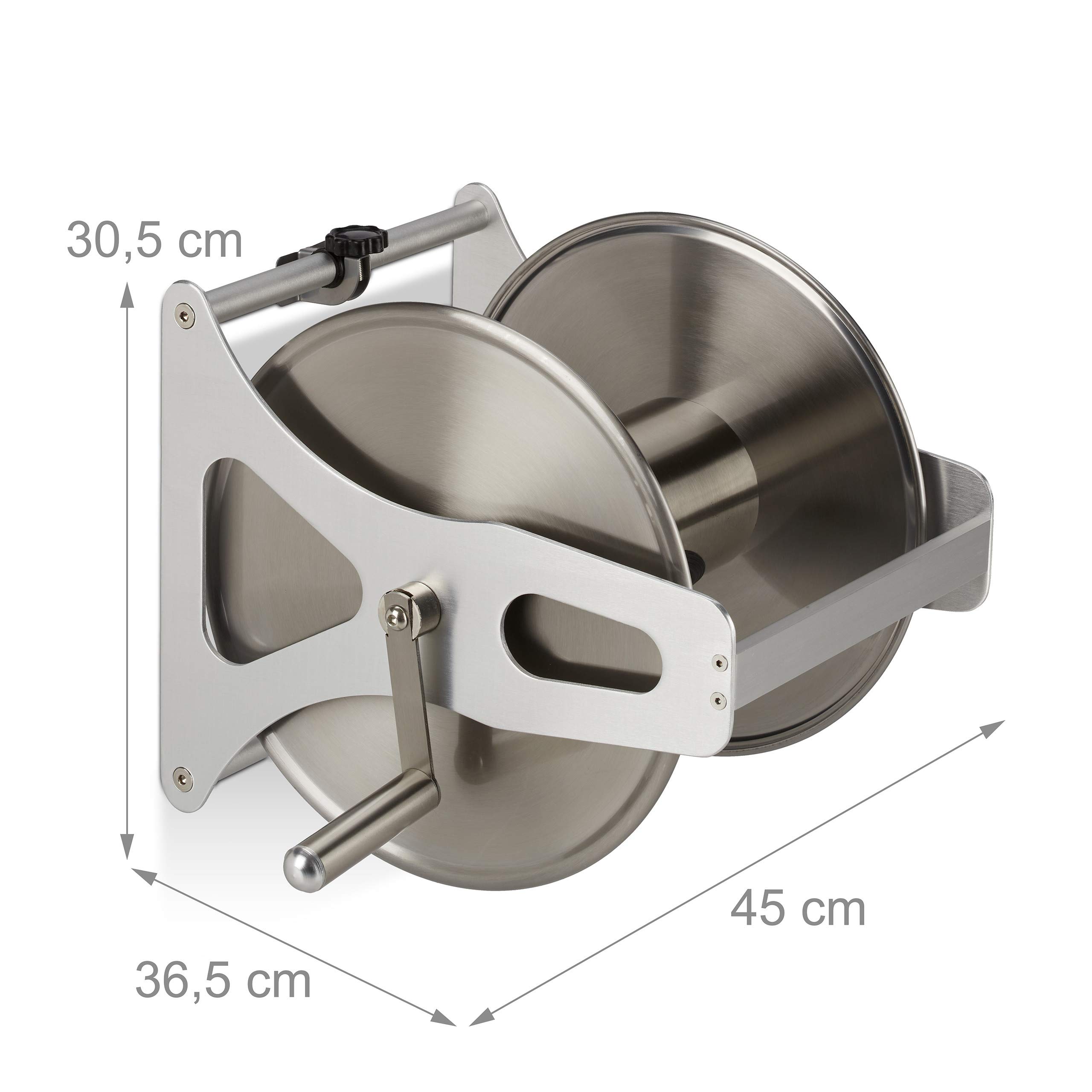 Relaxdays Schlauchtrommel Metall, Schlauchaufroller leer, Edelstahl & Aluminium, Boden & Wand, 30,5x45x36,5 cm, silber