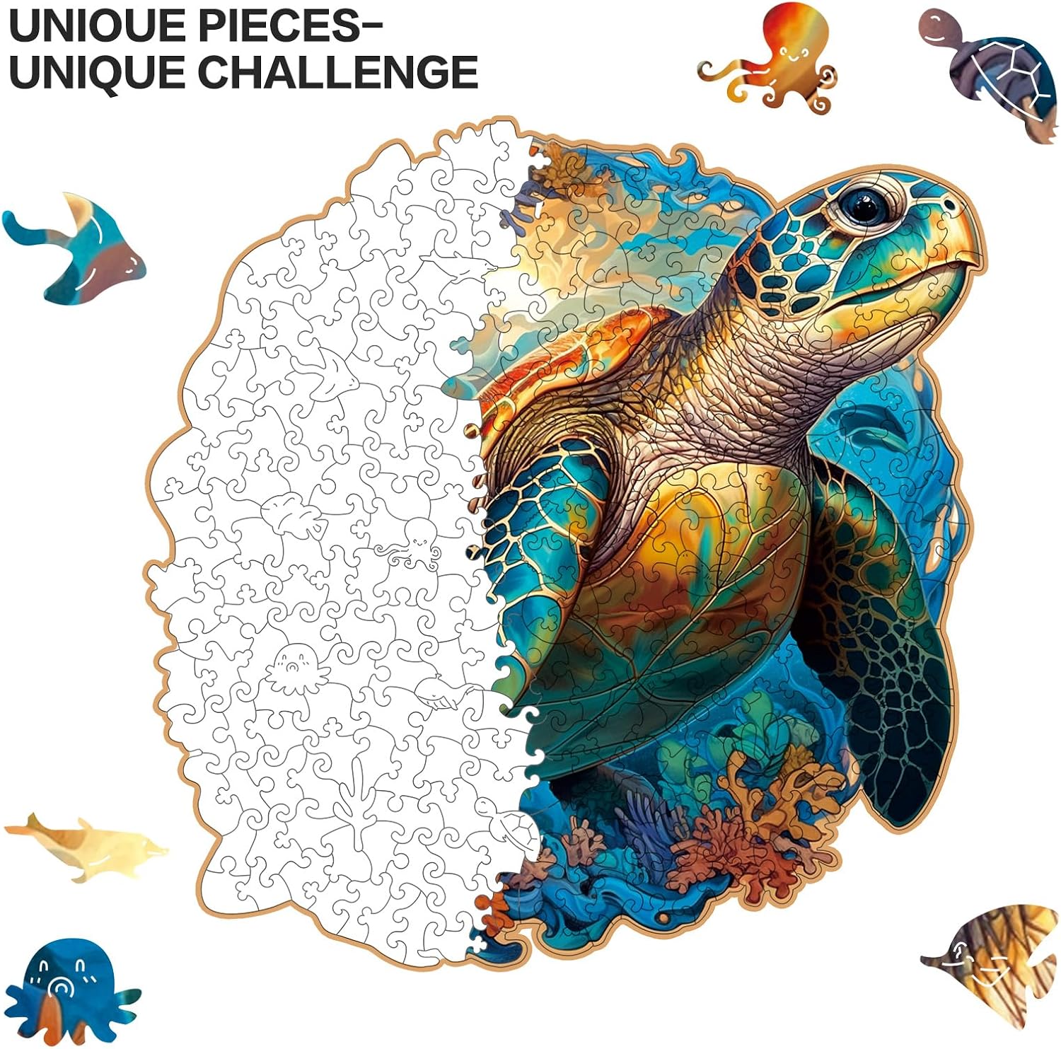 Wooden Puzzle,Coral Sea Turtle Jigsaw Puzzles 300 Piece,Fun Challenging Puzzles Family Game Gift,Unique Shape Puzzles for Adults 14.9 x 14.9 Inch image 5