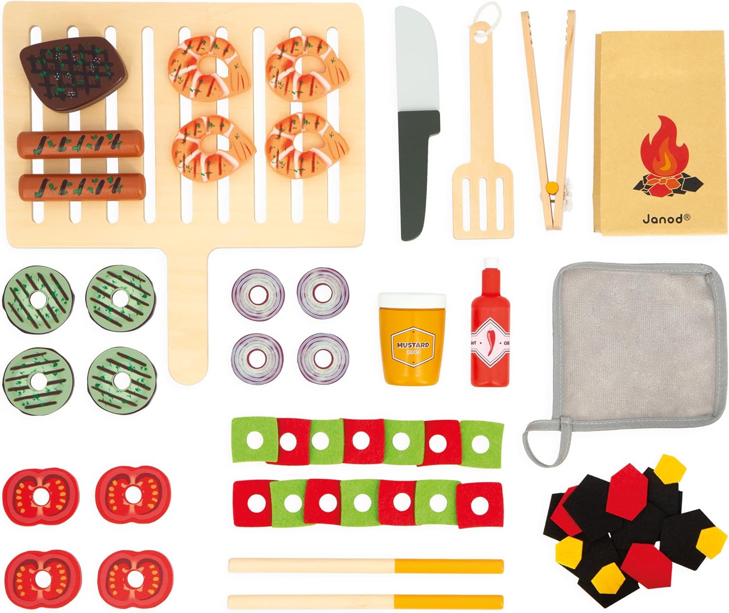 Janod - Pretend Play Wooden Barbeque Playset 20" Tall - Ages 3-6 - Pretending to Cook Meals - Realistic Grilling Experience - Over 50 Accessories Included - J06619