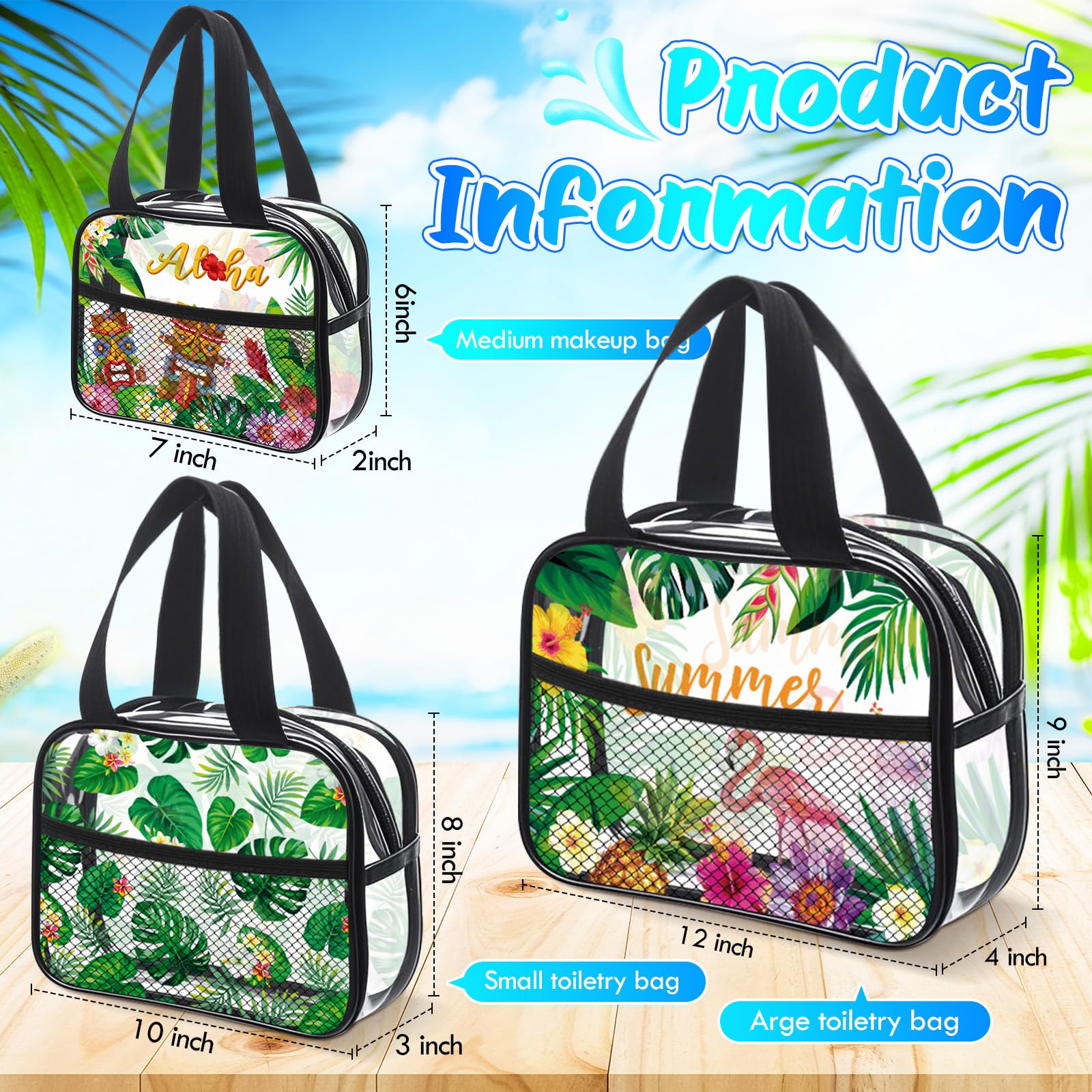 Blosssound 3 Pcs Summer Travel Toiletry Bag Hawaiian Clear Cosmetic Bags with Mesh Pocket Waterproof PVC Summer Aloha Travel Makeup Pouch for Women Lady Birthday Weekend Gift Bathroom