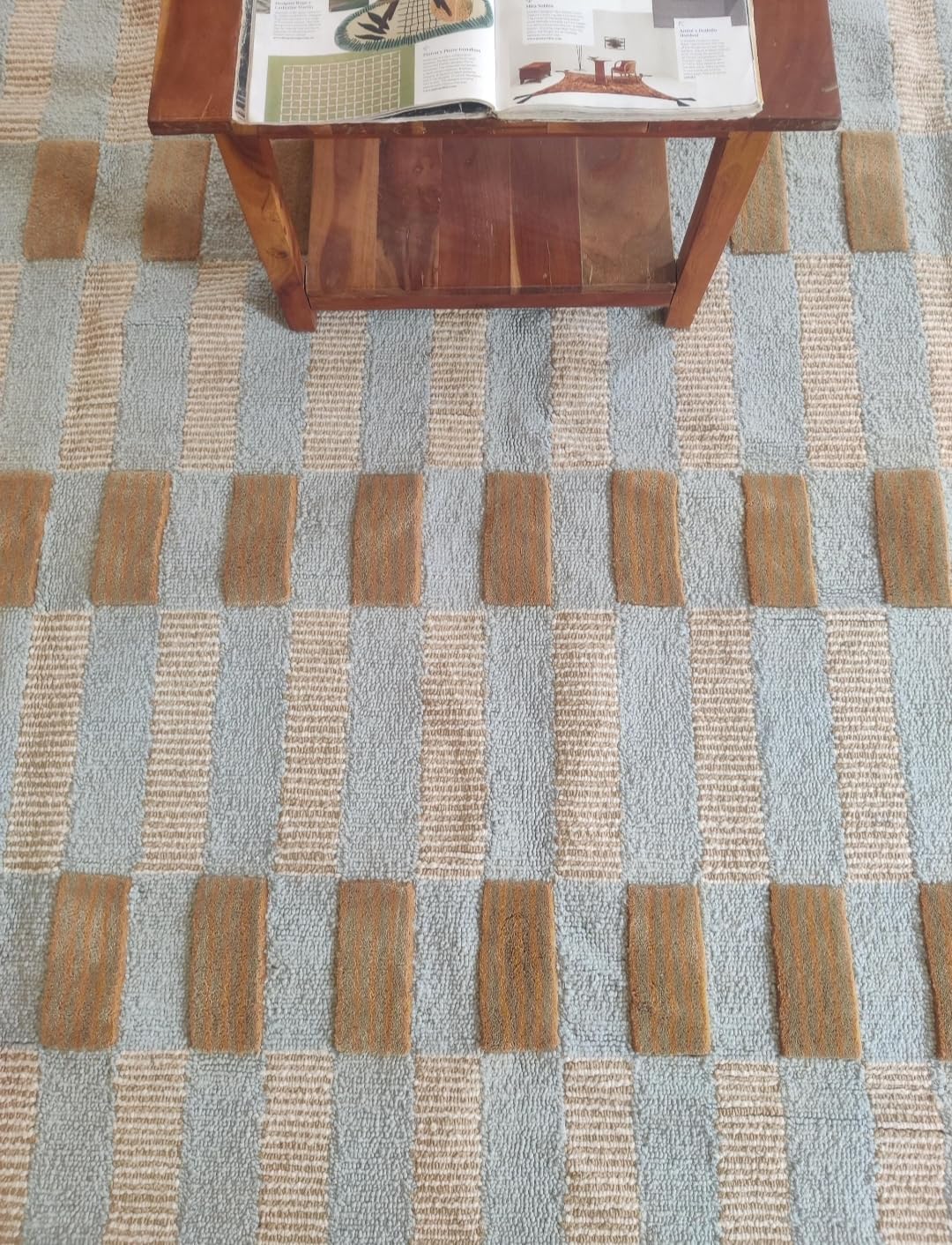 Area Rug with Scalloped Border, Geometric Checkered Pattern, Blue Tan Orange, Handwoven Textured Design (240 * 300 cm)