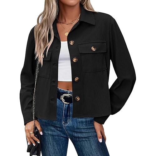 Zeagoo Womens Fashion Cropped Corduroy Shackets Button Down Jackets Tops Fall Trendy Lightweight Long Sleeve Shirts