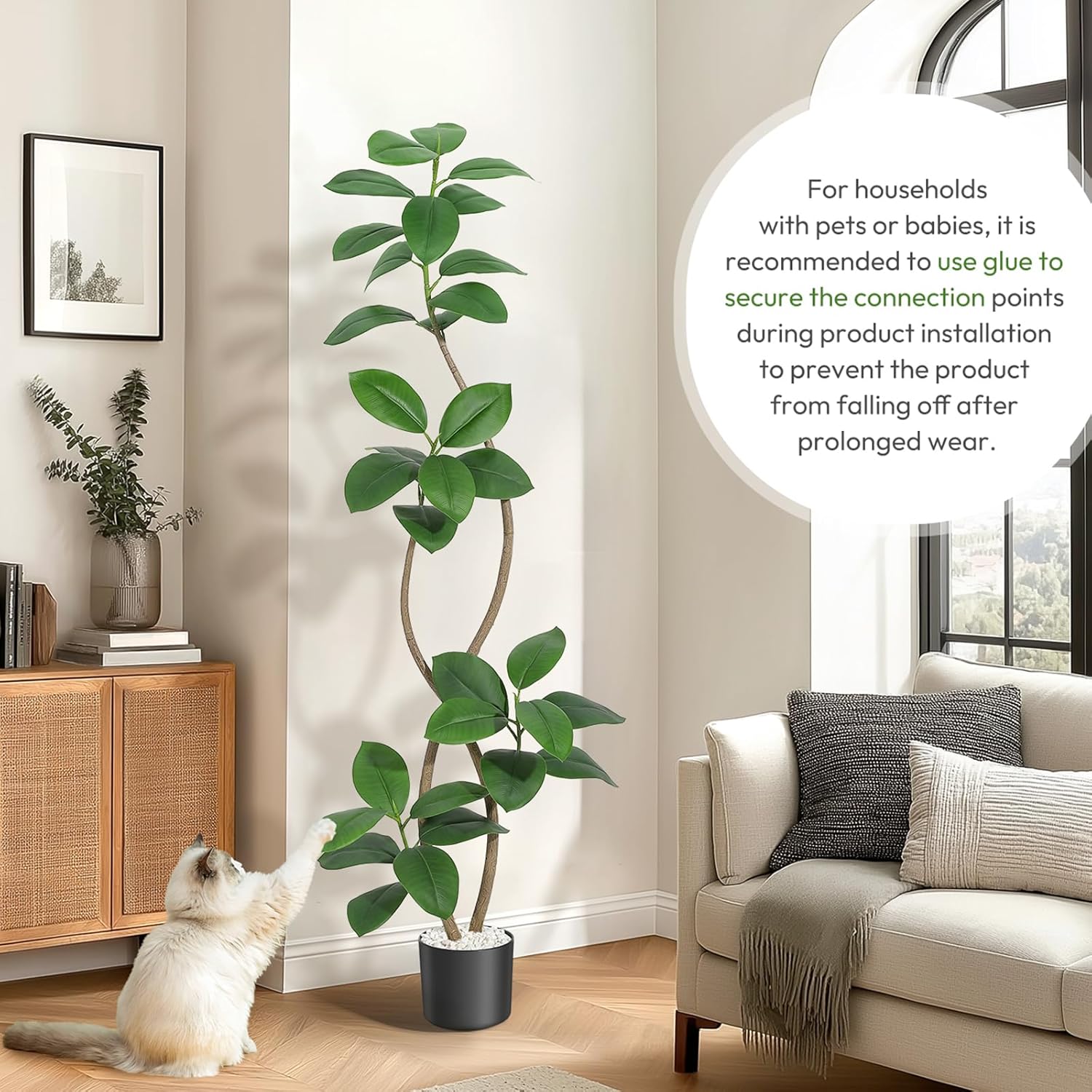 GarveeHome 6FT Artificial Plants Rubber Tree with Black Resin Pot& White Stone Faux Fiddle Leaf Fig Tree Indoor Artificial Trees Tall Plant Fake Tree Tropical Large Floor Tree Real Touch for Home Deco