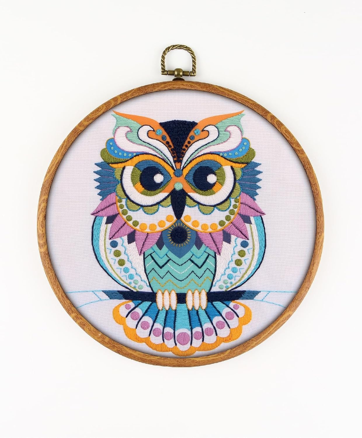 Mandala Owl EM074 - DIY Embroidery Kit. Set of Threads, Needles, Stamped Cloth, Needle Threader, Embroidery Clippers and Printed Color Pattern Inside.