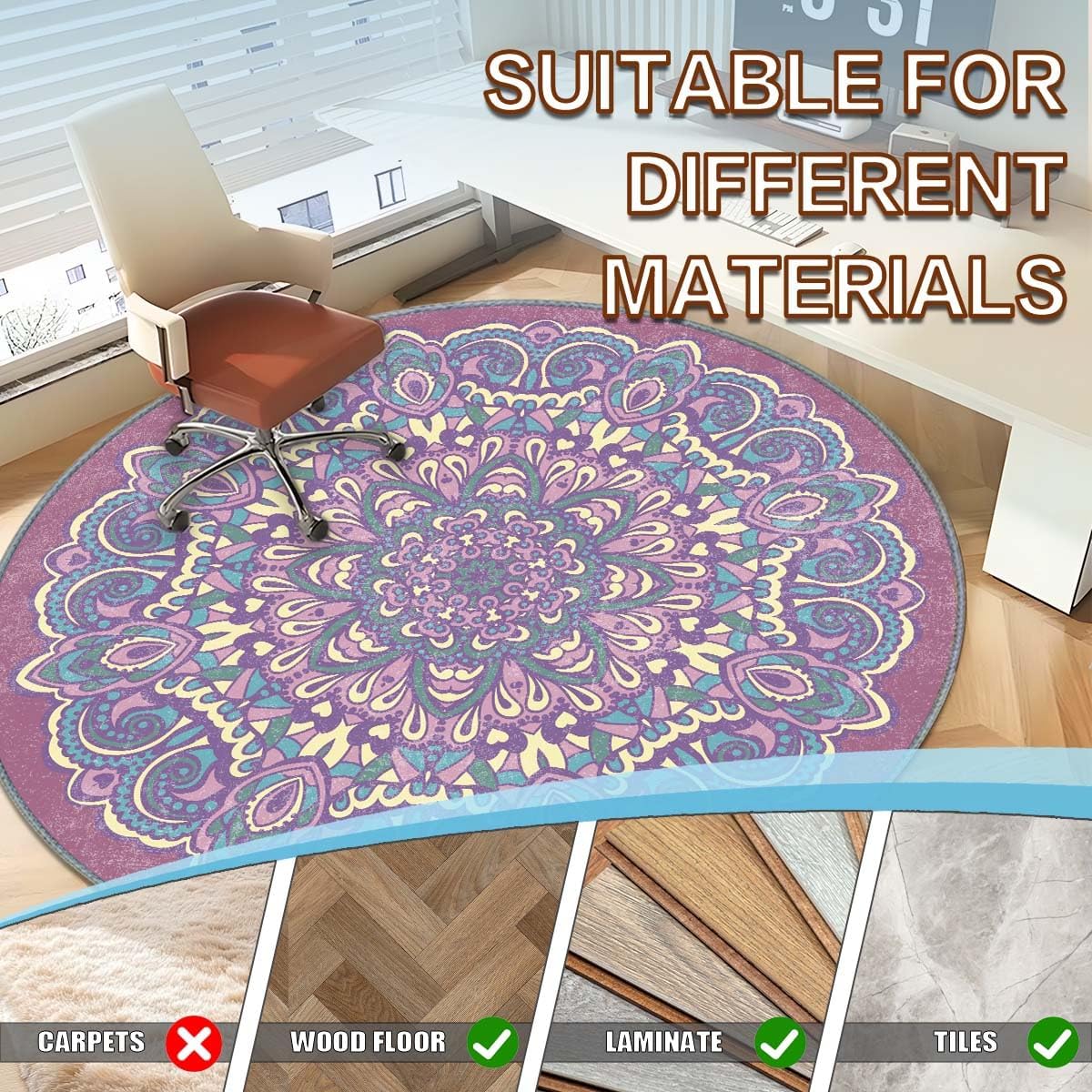 Office Short Pile Chair Mat, Non-Slip Noise-Reducing Desk and Chair Rug, 47 Inch Round Mat, Office、Study Decorative Rug for Wood Floors, Laminate and Ceramic Tiles (Purple Mandalas)
