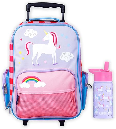 Wildkin Paquete de maleta rodante con botella de agua reutilizable de acero de 14 onzas (unicornio)