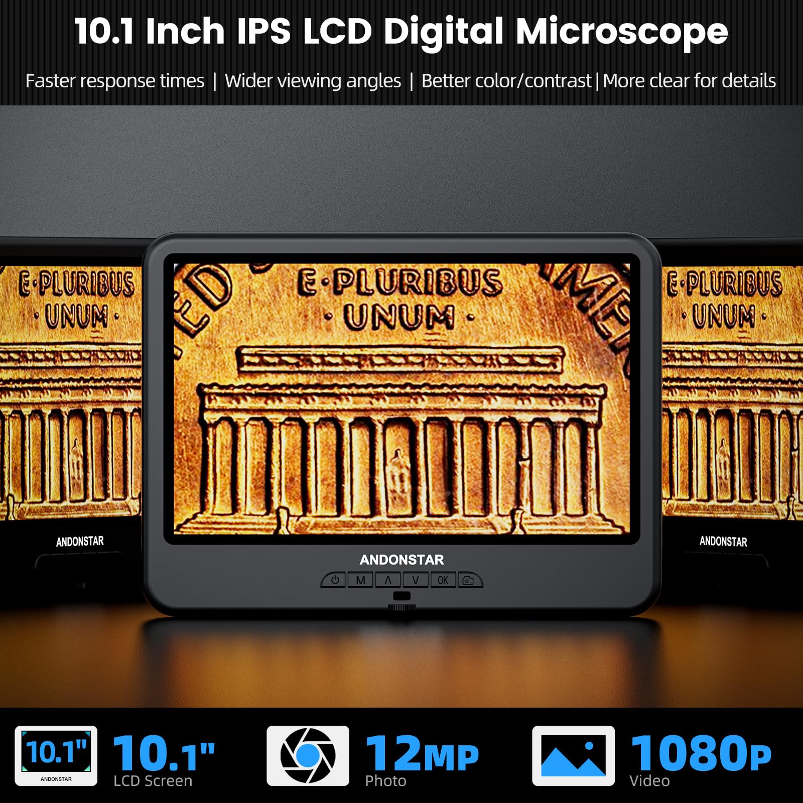 Microscopio digital Andonstar AD109 con pantalla de 10.1" para adultos, soporte de brazo flexible para microscopio de soldadura, microscopio para monedas con vista completa para monedas con error con