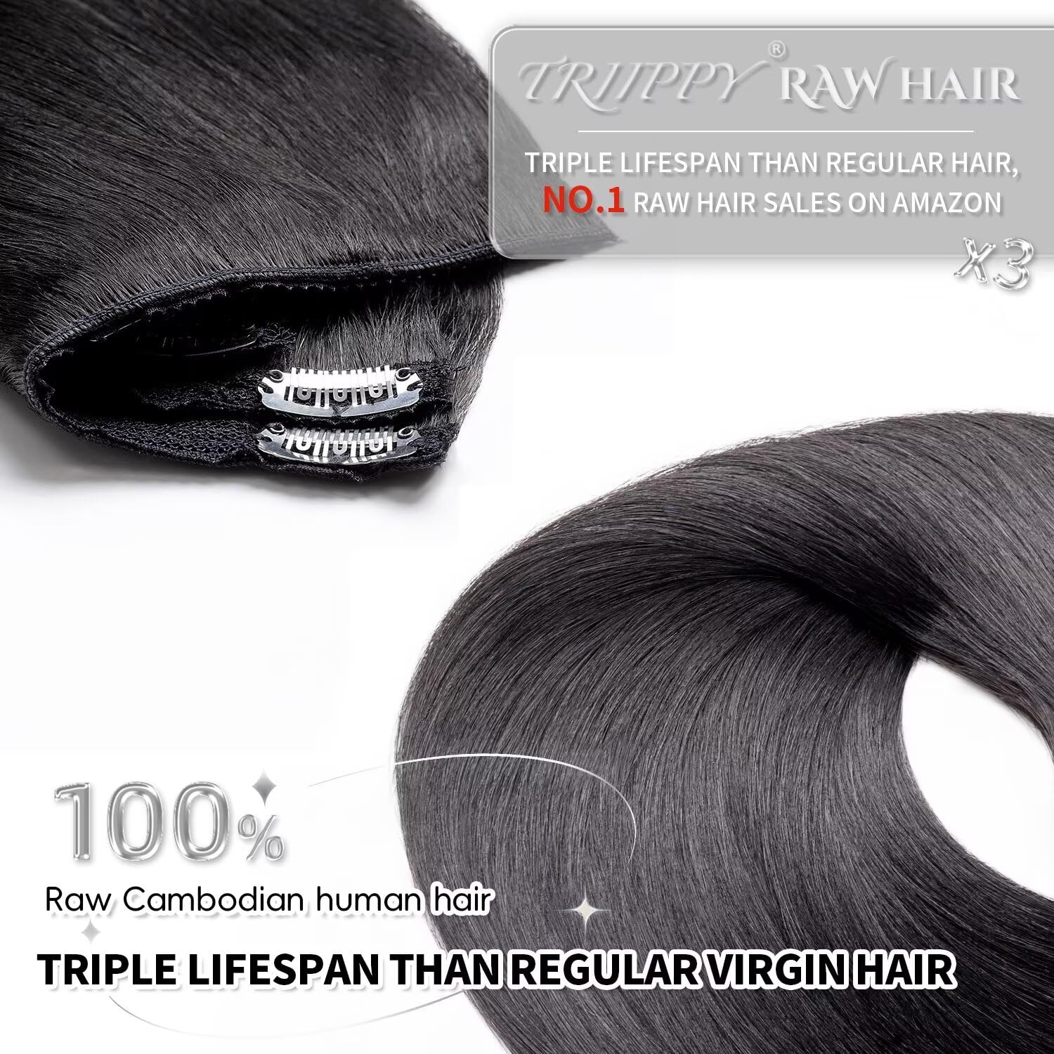 TRIIPPY Raw Cambodian Hair Clip in Hair Extensions,Triple Lifespan than Regular Virgin Hair,Keep Texture And Smooth after Long Time Used,100% Raw Hair Straight 26 Inch 8-pcs 120g Nature Black