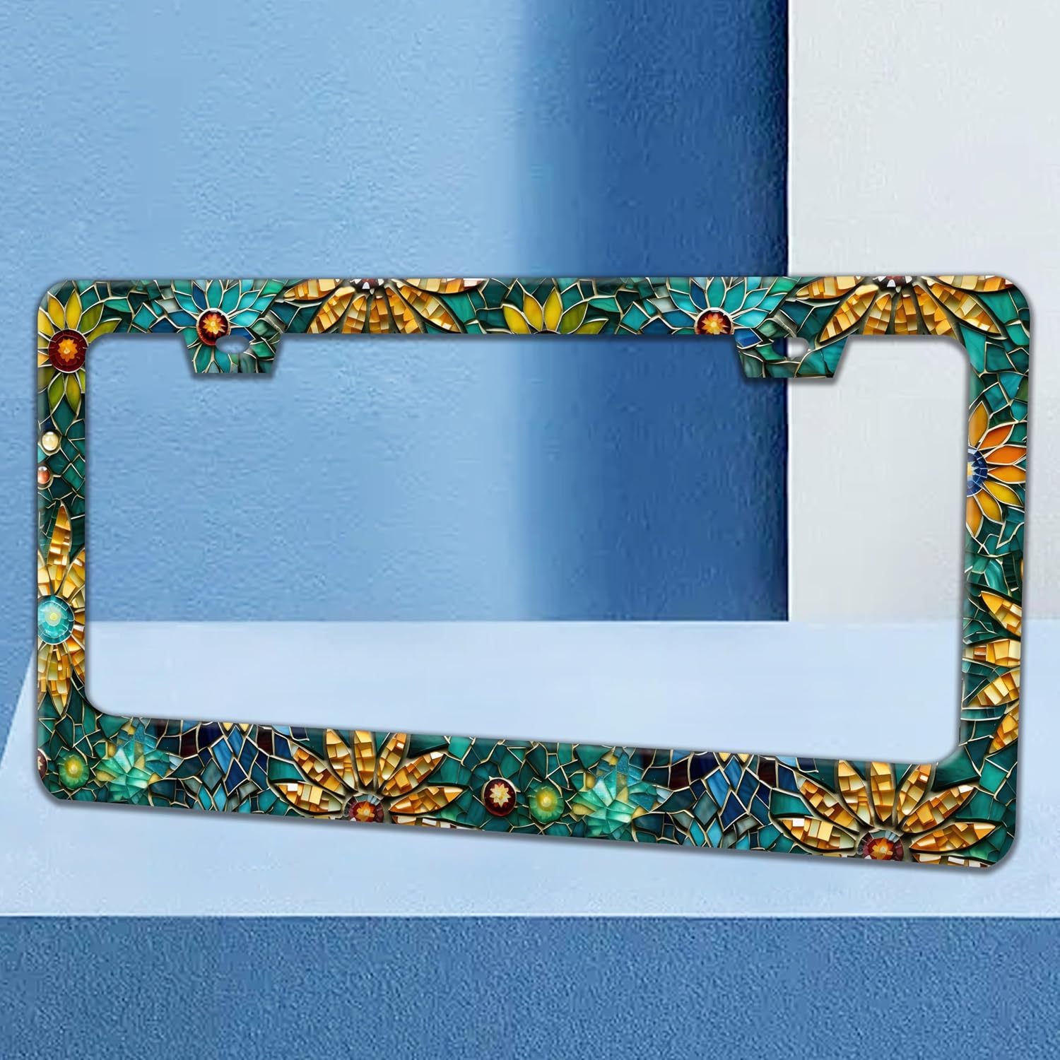 Beautiful Glass Flowers License Plate Frame Colorful Floral License Plate Holders Funny Stainless Steel Auto Accessory Bracket 2 Hole with Screws Universal Us Car License Plate Frames 6x12 Inch - Image 2