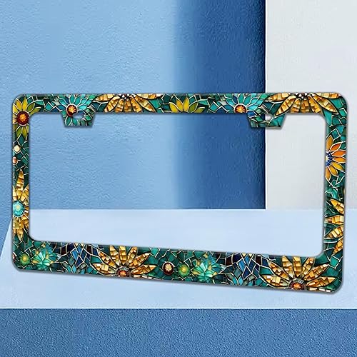 Miniatura 2 de Beautiful Glass Flowers License Plate Frame Colorful Floral License Plate Holders Funny Stainless Steel Auto Accessory Bracket 2 Hole with Screws