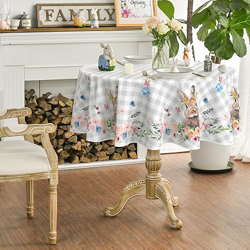 Miniatura 5 de Horaldaily Mantel redondo de Pascua de 60 x 60 pulgadas, diseño de flor de primavera, diseño de búfalo a cuadros, para decoración de fiestas,