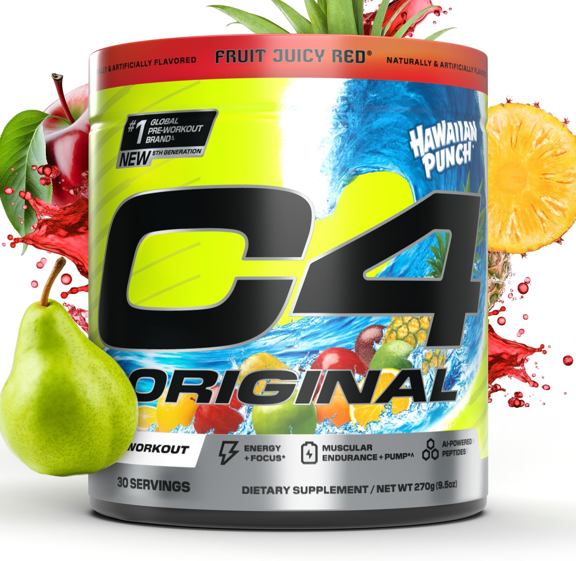 Original Pre Workout Powder Sugar Free for Men & Women 200mg Caffeine + CarnoSyn Beta-Alanine + Creatine + AI Peptides - Hawaiian Punch, 30 Servings