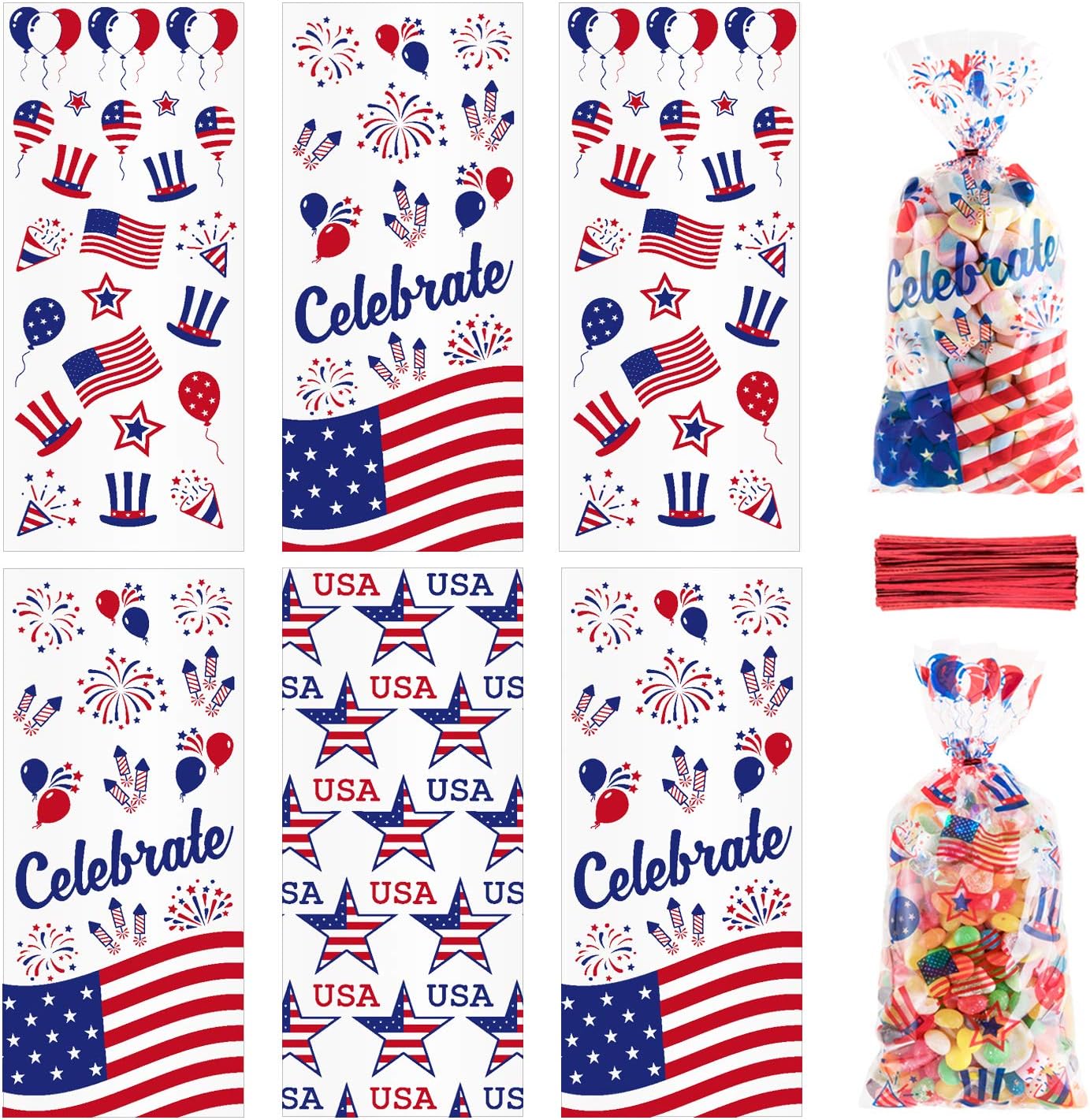 Whaline 150Pcs Patriotic Cellophane Treat Bags Candy Cello Bag with Red Twist Tie 3 Style 4th of July Party Favors Gifts Bags for 250th Anniversary Sports Event Independence Day Party Table Setting