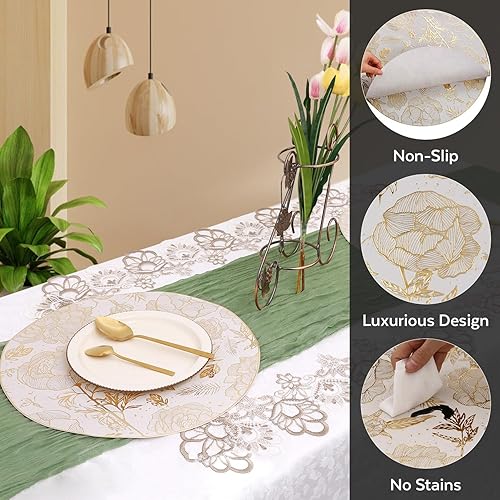 Miniatura 5 de WIGNEE Juego de 6 manteles individuales redondos de oro rosa brillante, lujosos, manteles individuales redondos dorados antideslizantes de vinilo