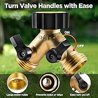 Vista 2 de IPOW Brass Heavy Duty 2 Way Y Valve Garden Hose Splitter Adapter High Flow Spigot Splitter + 6 Rubber Hose Washers with Comfort Grip Use