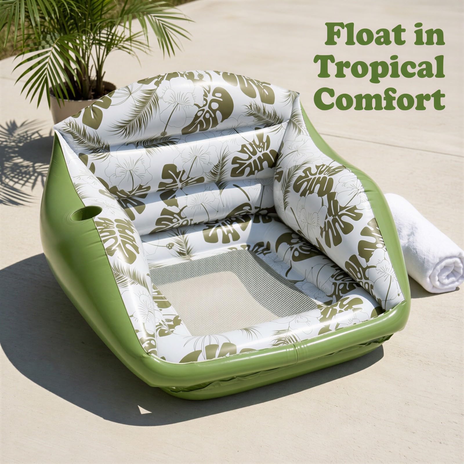 Aufblasbarer Pool-Liegestuhl mit Becherhalter, Wasser-Sofa-Float mit atmungsaktivem Netzsitz, Tropische Deko für warme Tage am Pool, See und Strand
