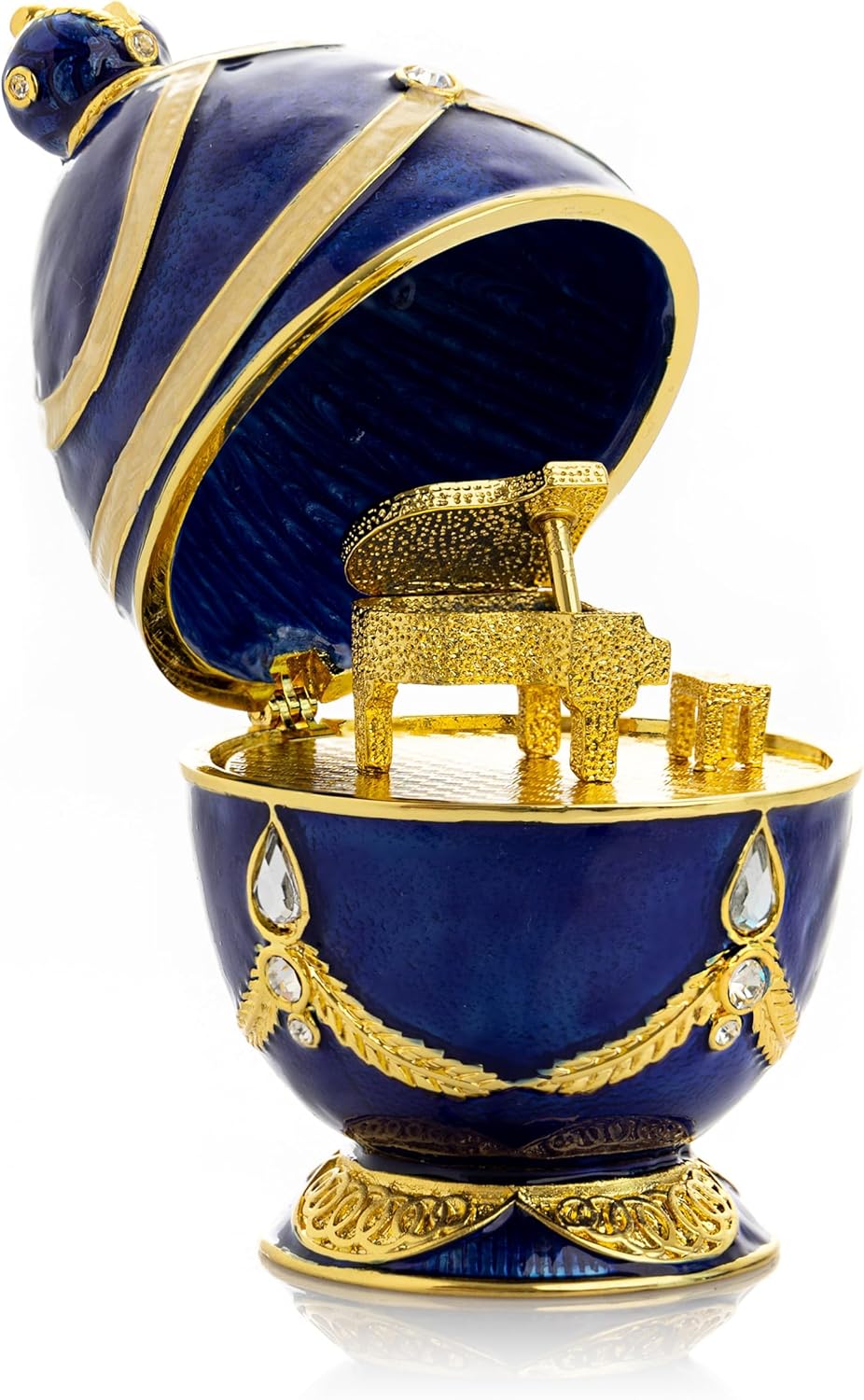 Keren Kopal Blue Faberge Egg with Golden Piano Surprise Trinket Box Handcrafted Pianist Gift