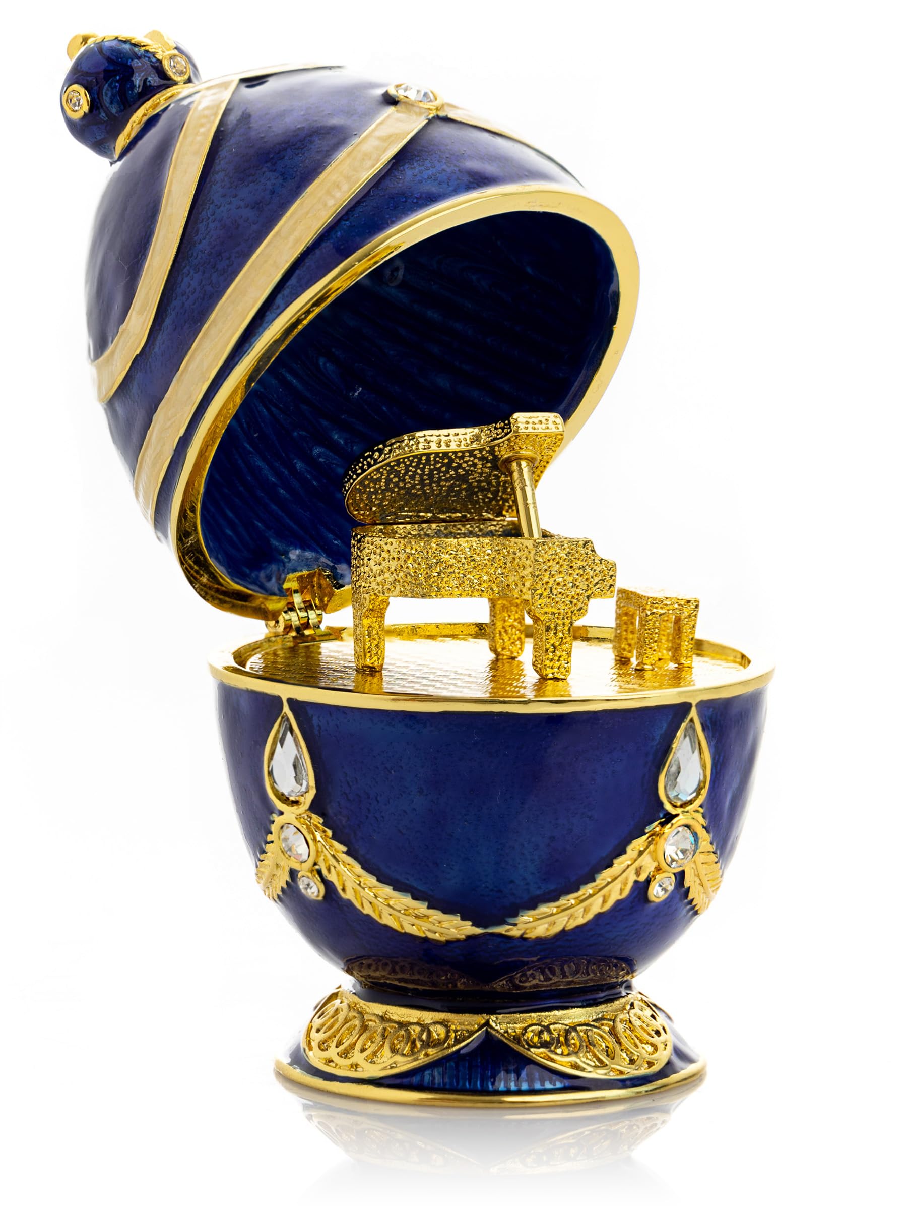 Keren Kopal Huevo de Fabergé azul con piano dorado, caja sorpresa hecha a mano, regalo para pianista