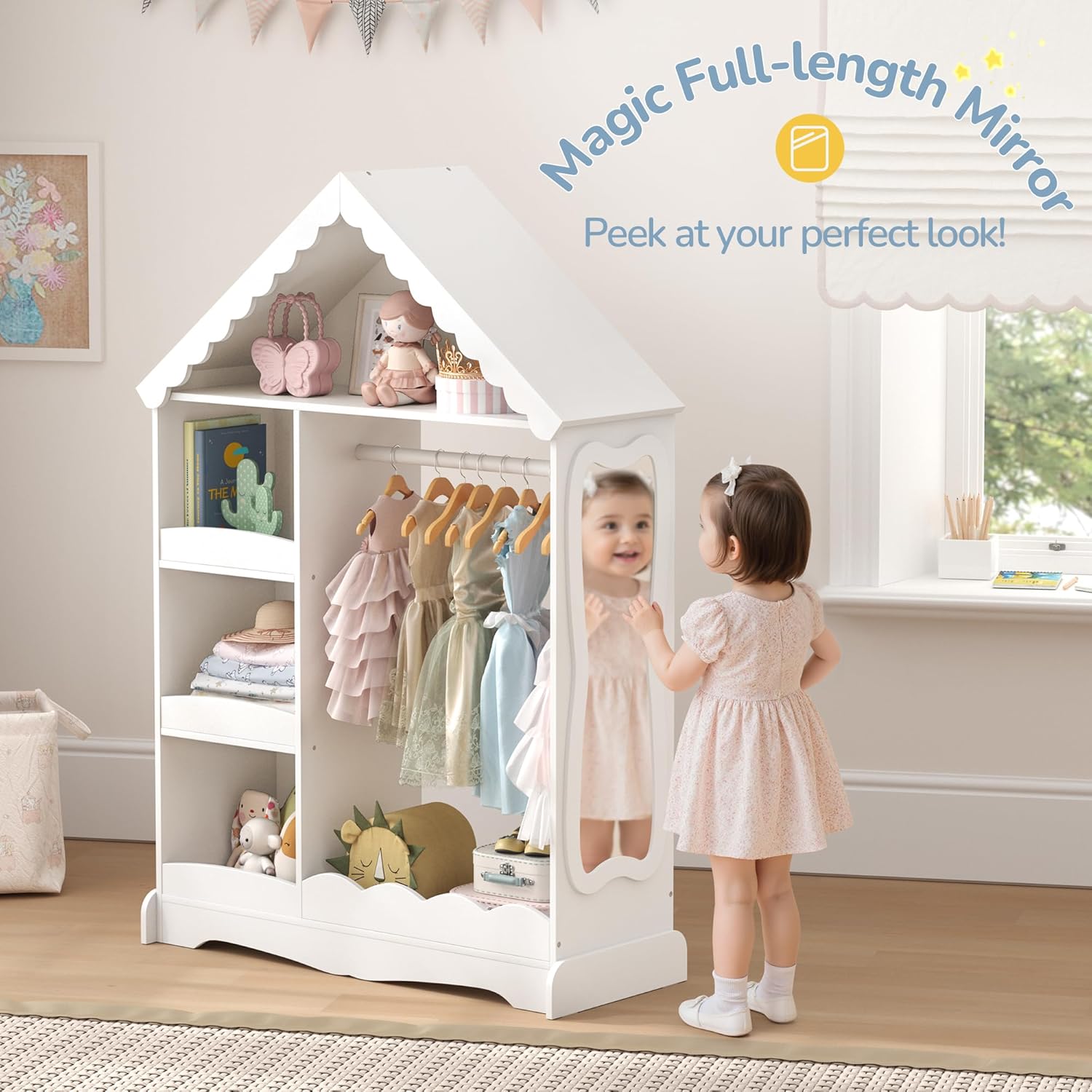 Curipeer Dollhouse Kids Dress Up Storage with Full-Length Mirror & Touch Activated Light, Open Hanging Kids Wardrobe Closet, Toddler Dress up Rack, Armoire Costume Organizer for Playroom, White