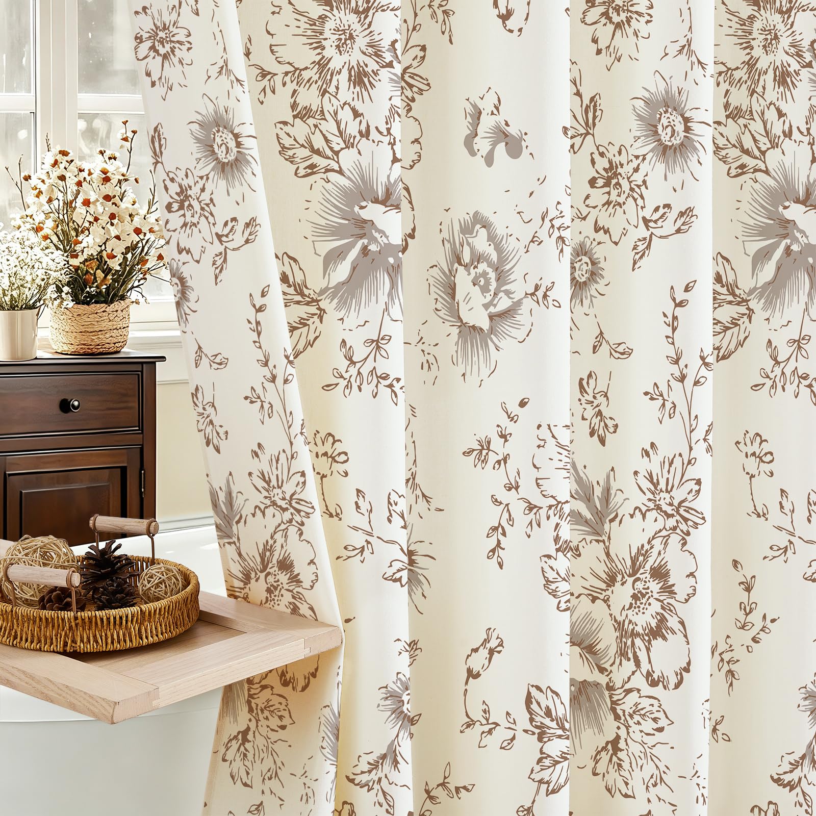 Brown Floral Cotton Shower Curtain, Cottagecore French Country, 72x78
