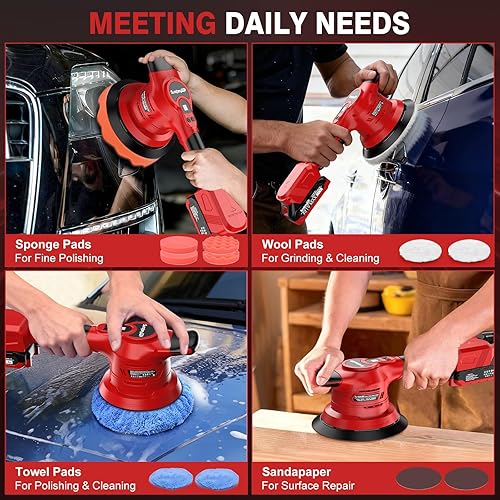 Miniatura 8 de Pulidora inalámbrica sin escobillas para automóvil, pulidora orbital aleatoria de 6 pulgadas con 8000 rpm, 8 velocidades variables, 2 baterías,