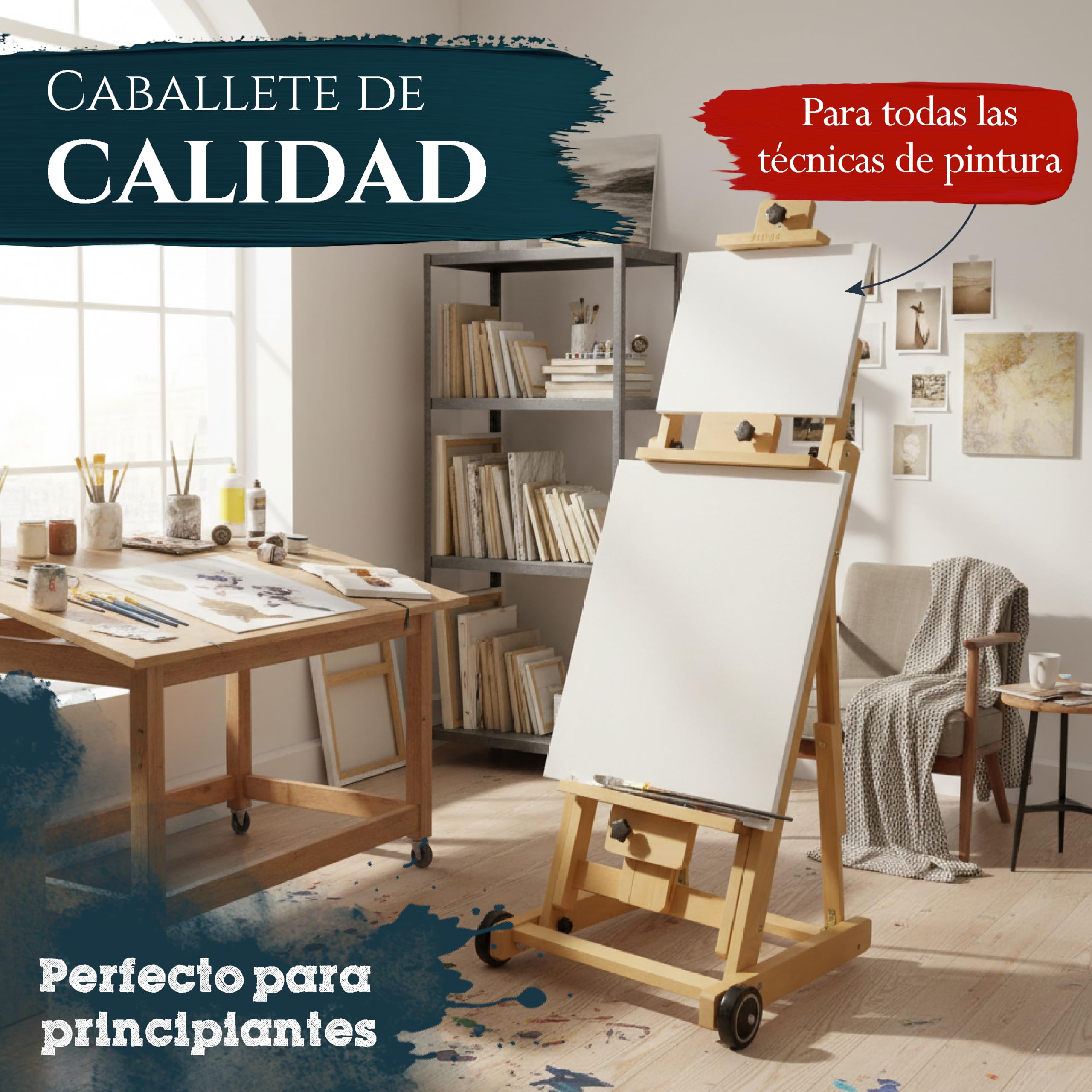 Artina caballete de pintura de estudio profesional Bordeaux – caballete plegable de madera de haya maciza - calidad profesional - transportable con ruedas | madera de haya profesional estudio caballete de alta calidad ángulo de inclinación burro Burdeos
