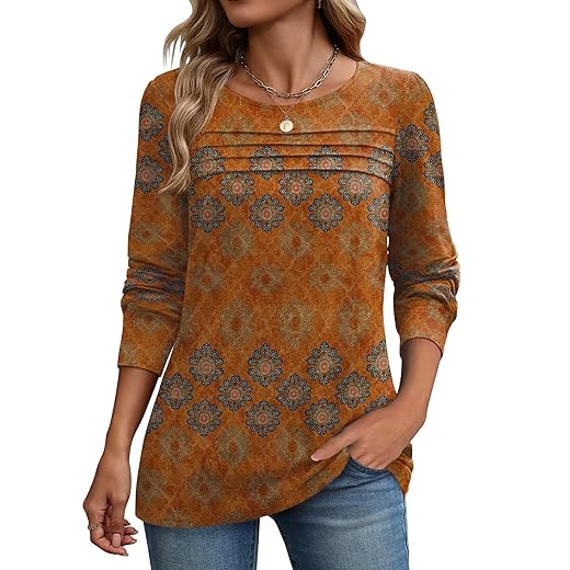 Zeagoo Long Sleeve Shirts for Women Casual Fall Fashion Crewneck Pleated Tunic Tops Work Outfit Blouse