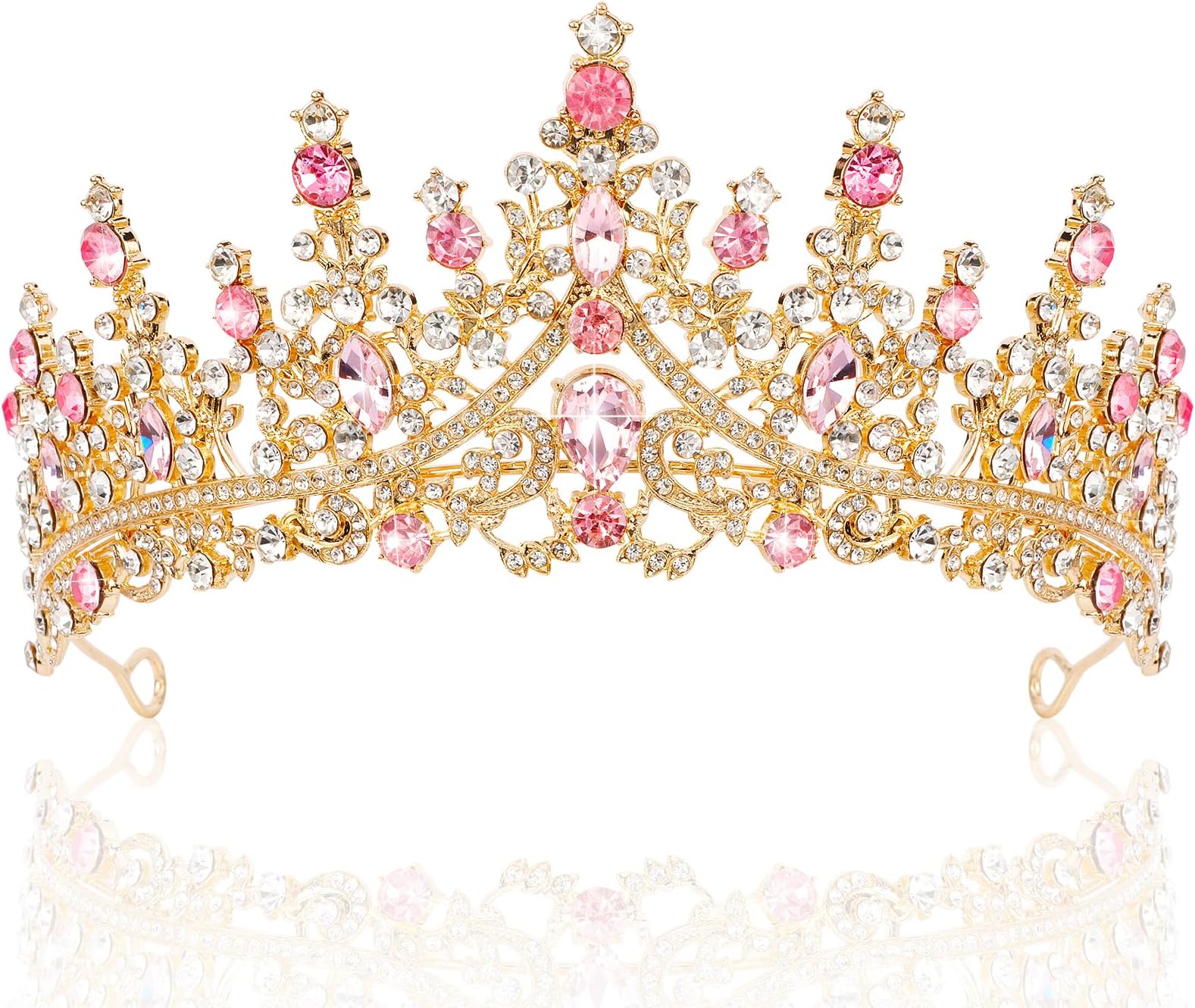 TOBATOBA Gold Pink Crown, Wedding Tiaras and Crowns for Women, Coronas Para Ramos Buchones De Flores, Queen Crown Royal Princess Quinceanera Headpieces for Birthday Prom Pageant Halloween Cosplay