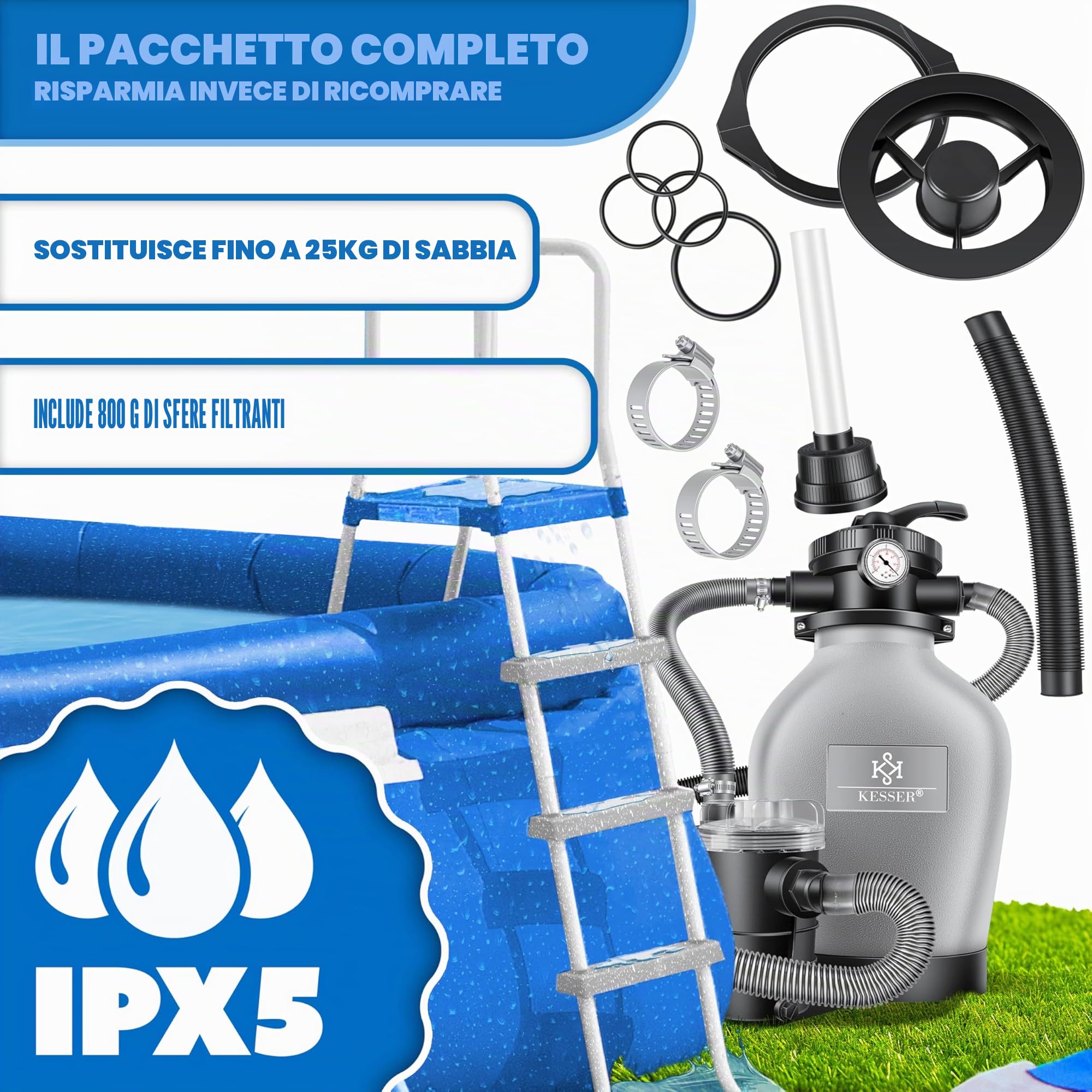 KESSER® Impianto di Filtraggio a Sabbia + 700g Palline Filtranti Per 25 kg Sabbia, Valvola a 7 Vie con Indicatore di Pressione, Filtro Piscina 10 m³/h Per Caldaia