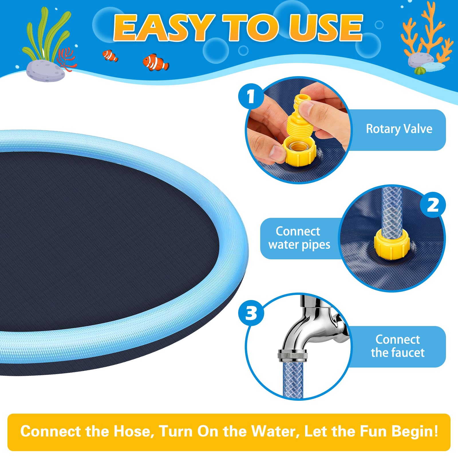 Tapis de Jet d’Eau 200CM pour Enfants et Chien, Tapis Arroseur Antidérapant en PVC Écologique, Splash Pad Jeu d’Eau Extérieur Jardin Été avec Adaptateur (Bleu)