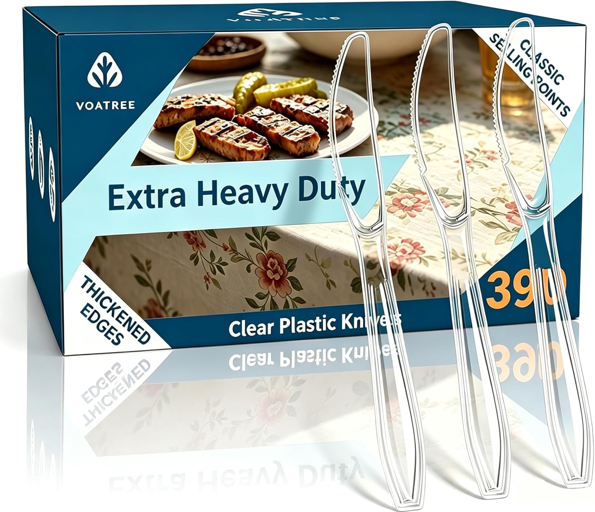 Heavy Duty Disposable Clear Plastic Knives 7 inch 390 Count – Premium Transparent Cutlery – Crystal Strong BPA-Free Serrated Edge Utensils for Wedding Party Restaurant
