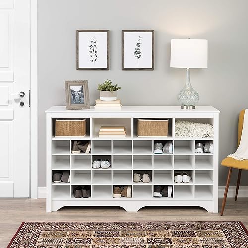 Miniatura 2 de Prepac White Console Table, Shoe Cabinet, Storage Cabinet with 32 Shoe Cubbies and 4 Large Storage Cubbies 15.5" D x 60" W x 35" H Blanco,gris