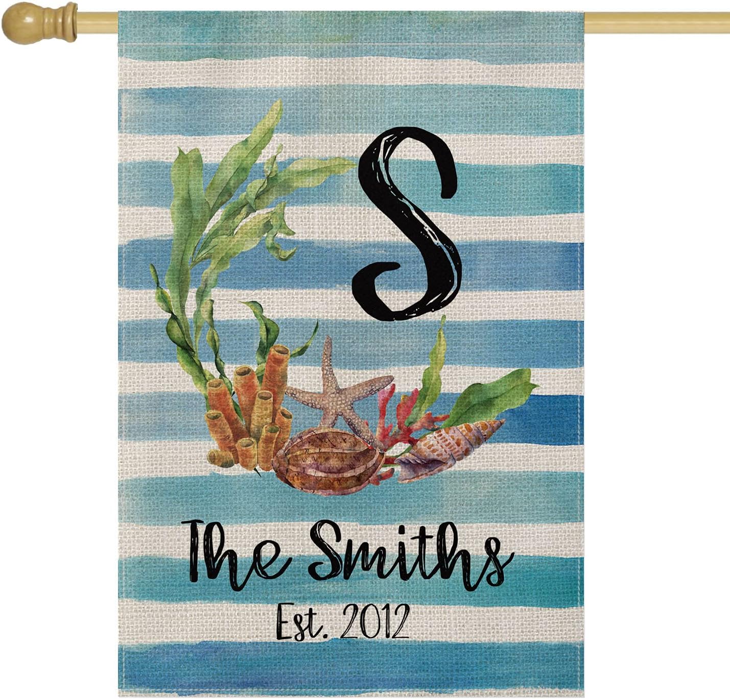 Smile Personalized Summer Spring House Flag, Conch Starfish Customized Initial Family Name and Year Aquatic, Double Sided 28 x 40 Inch Rustic Farmhouse Burlap Yard Outdoor Decoration