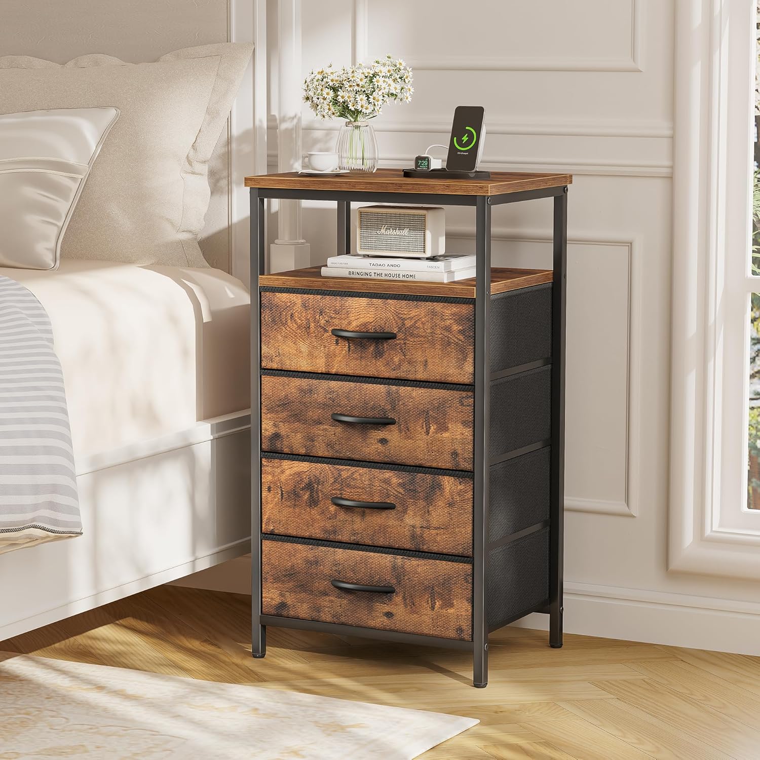 SUPERJARE Nightstand with Charging Station and Huuger 4 Drawer Dresser for Bedroom