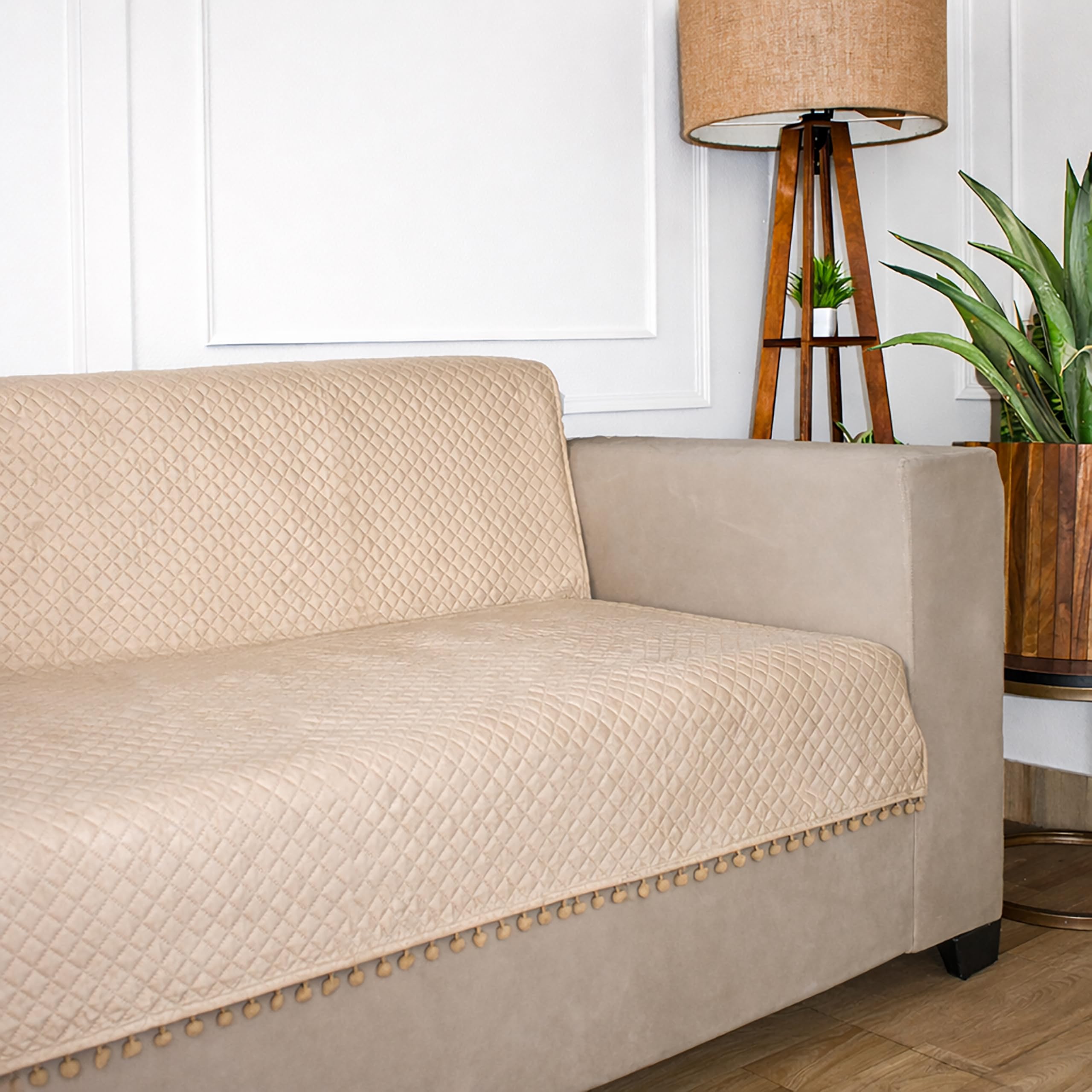 STITCHNEST 'Maison Plush Series' Quilted Velvet Sofa Cover 3 Seater Fully Covered | Premium Soft Fabric, Washable & Fade Resistant | Beige Sofa Protector with Pompom | Size 70x60 Inch