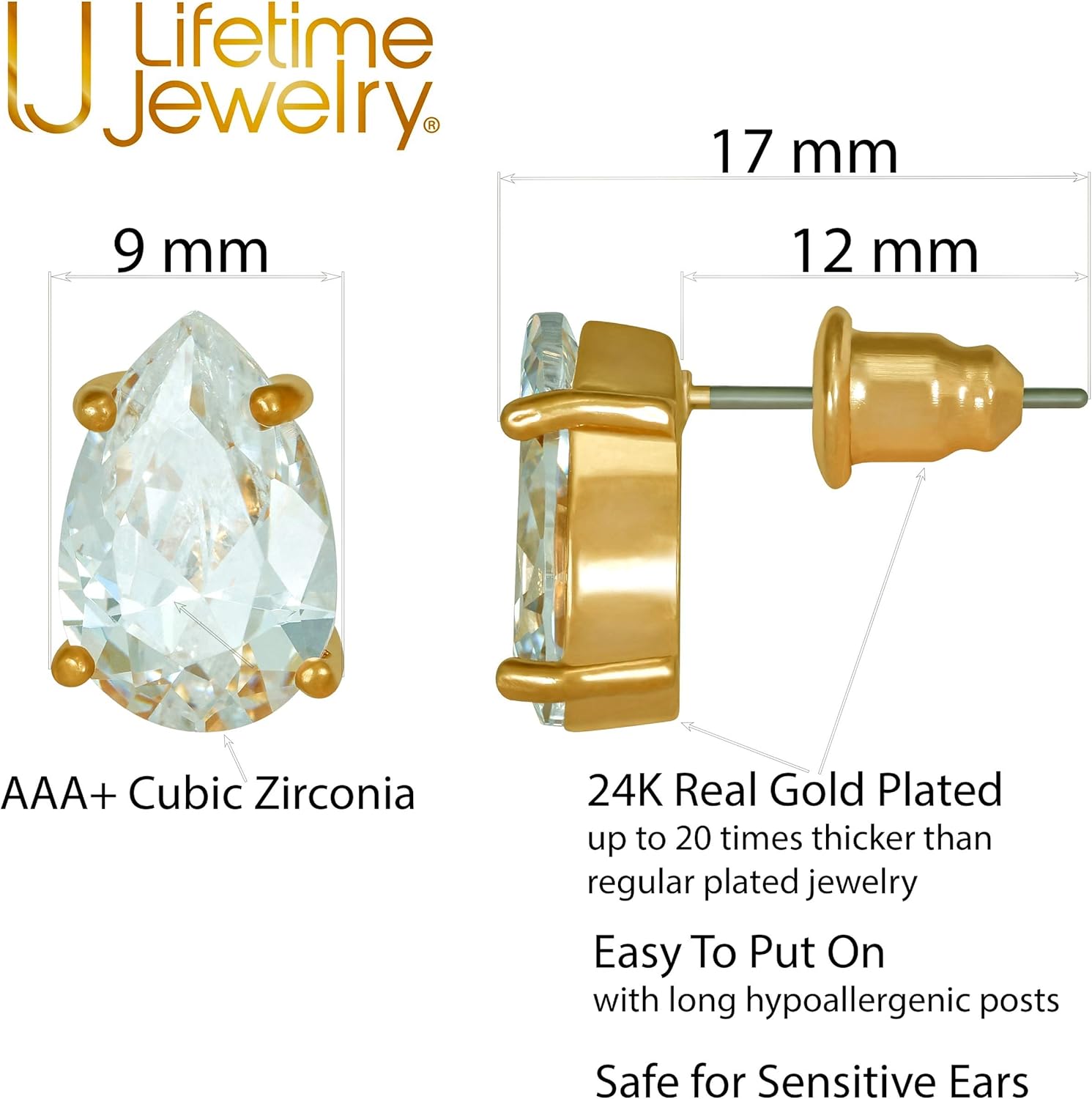 LIFETIME JEWELRY 9mm Cubic Zirconia Teardrop Stud Earrings 24k Real Gold Plated