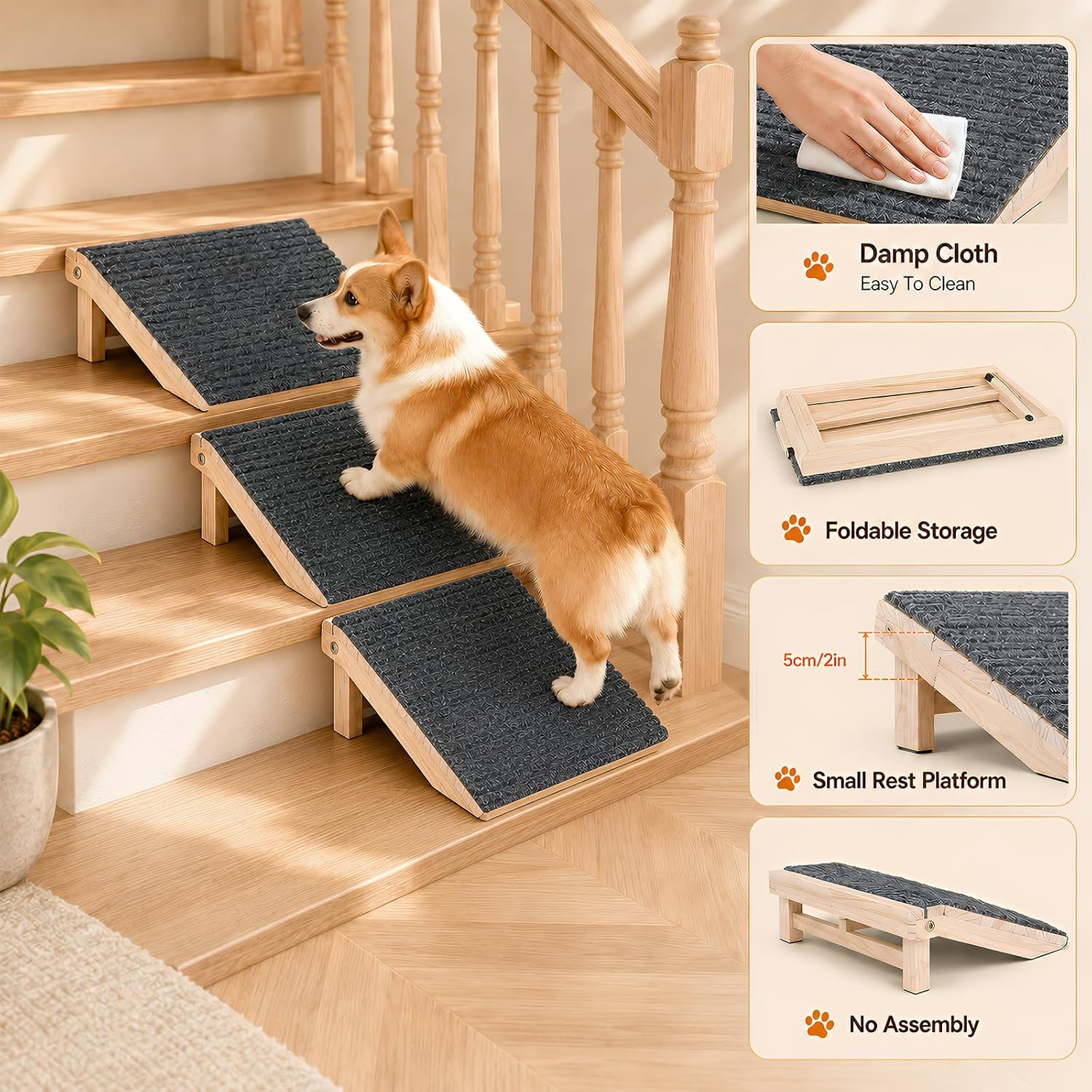 3 Pack Foldable Dog Ramp for Stairs – Anti-Slip Pet Steps for Small/Senior Dogs, Space-Saving Portable Indoor/Outdoor Dog Stairs for Sofa Car Bed, Joint-Friendly Ramp for Arthritic Pets