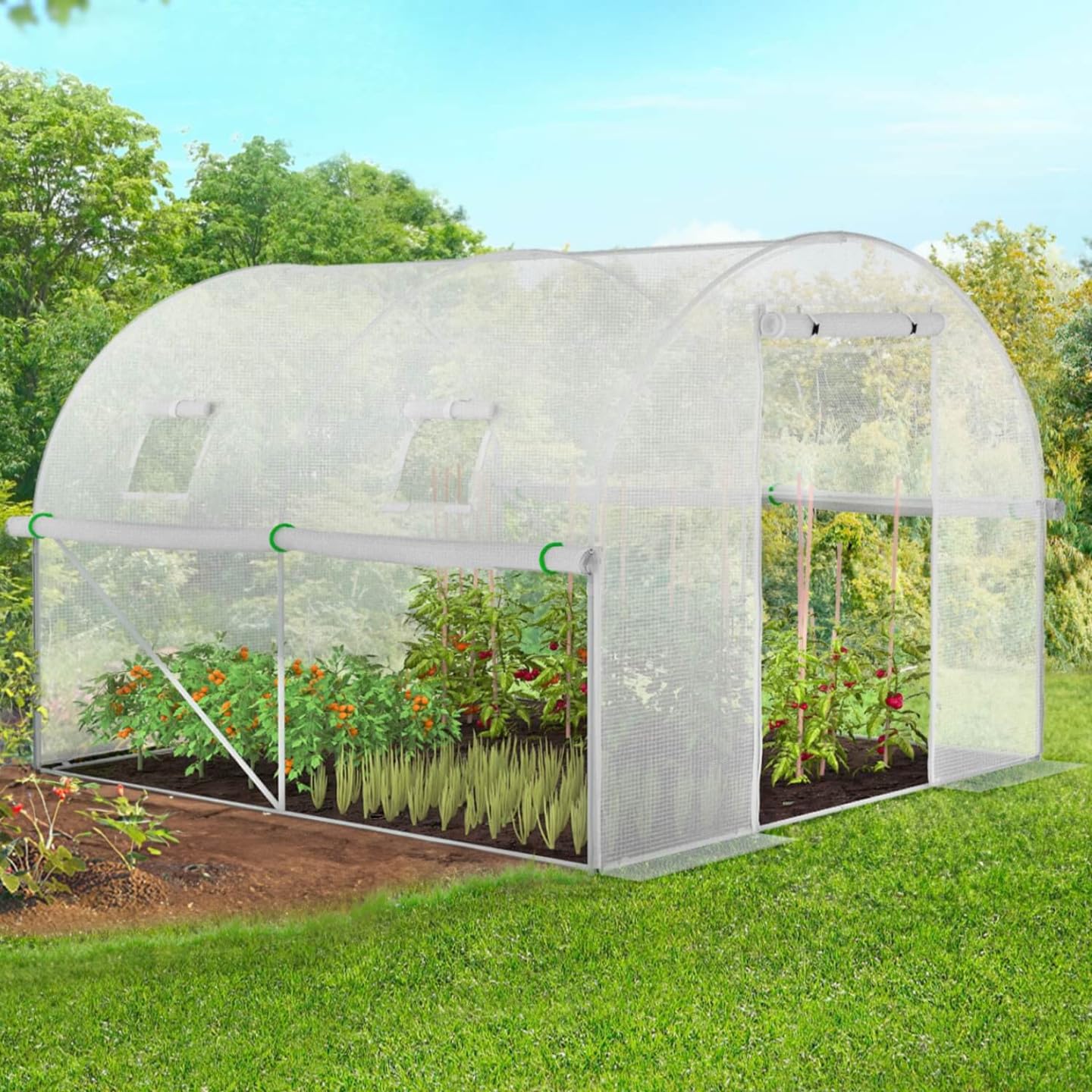 IDMarket - Serra da giardino a tunnel da 6 m², 3 x 2 x 2 m, in acciaio zincato + telo anti-UV con porta e finestre ROMA bianca, per tutte l
