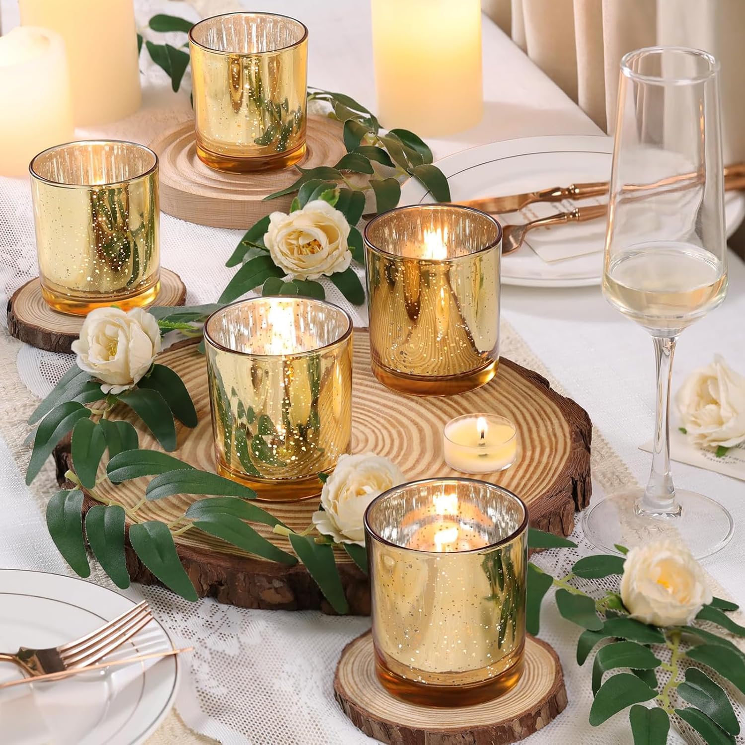 12pcs Candle Holders, Gold Glass Tea Light Holders Bulk for Weddings, Events, Table Centrepiece, Christmas, Valentine, and Party and Holiday Decorations