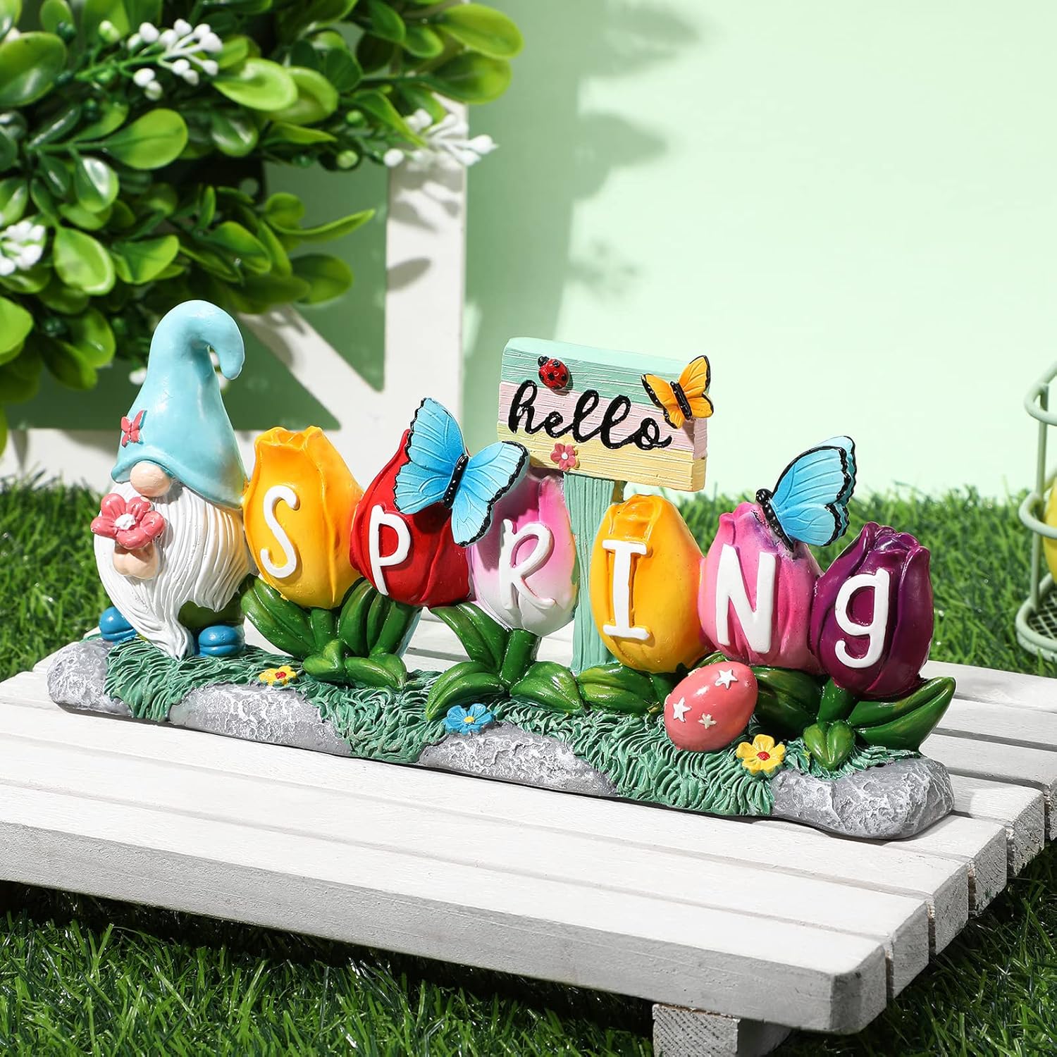 Fumete Hello Spring Table Decor Resin Flower Spring Decorations for Home Office Flower Figurines Home Decor with Lovely Butterflies for Table and Household Decoration