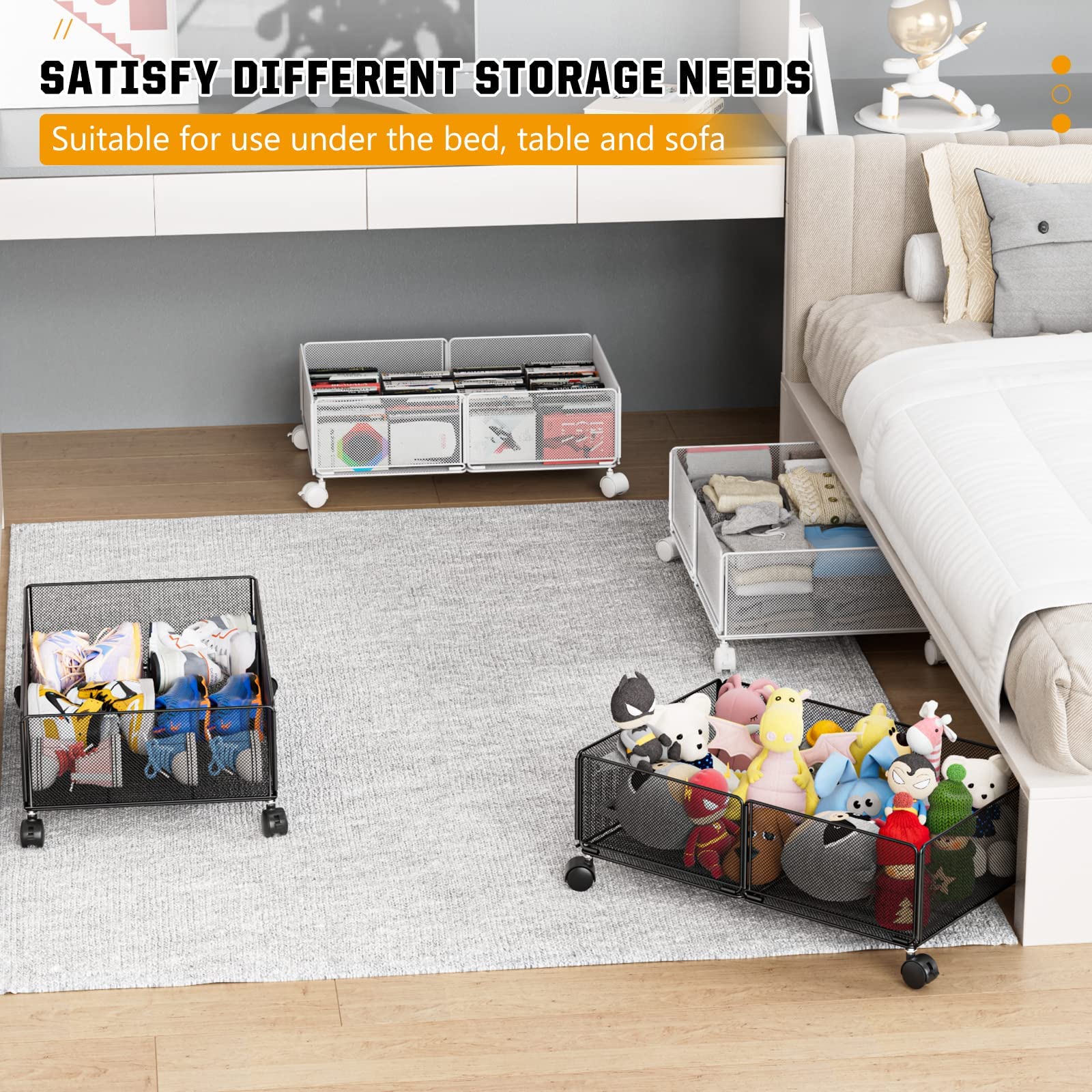 YFXCVSL 2Pack Under Bed Storage Containers, Under Bed Storage with Wheels, Under Bed Shoe Storage Organizer, Under Bed Storage Bins Drawer for Clothes, Blankets and Shoes, Bedding (White)